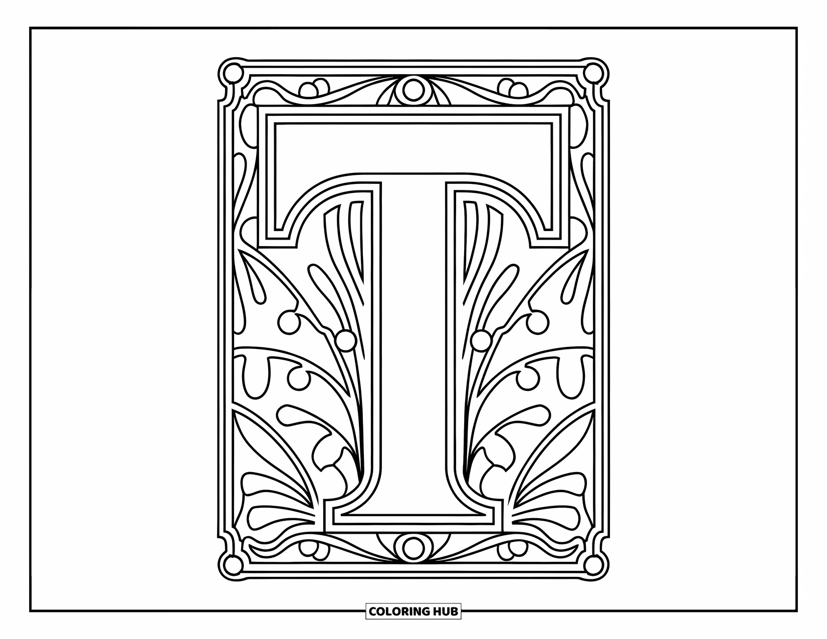 Letter T Coloring Page for Adults: T is framed with flowing Art Nouveau floral lines and delicate stems