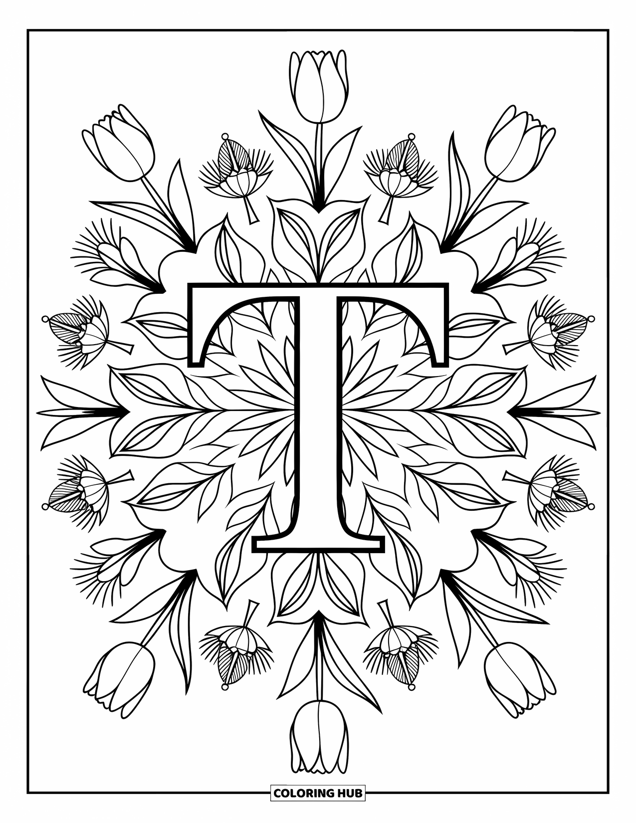 Letter T Coloring Page for Adults: T is nestled in a detailed floral mandala of tulips and thistles