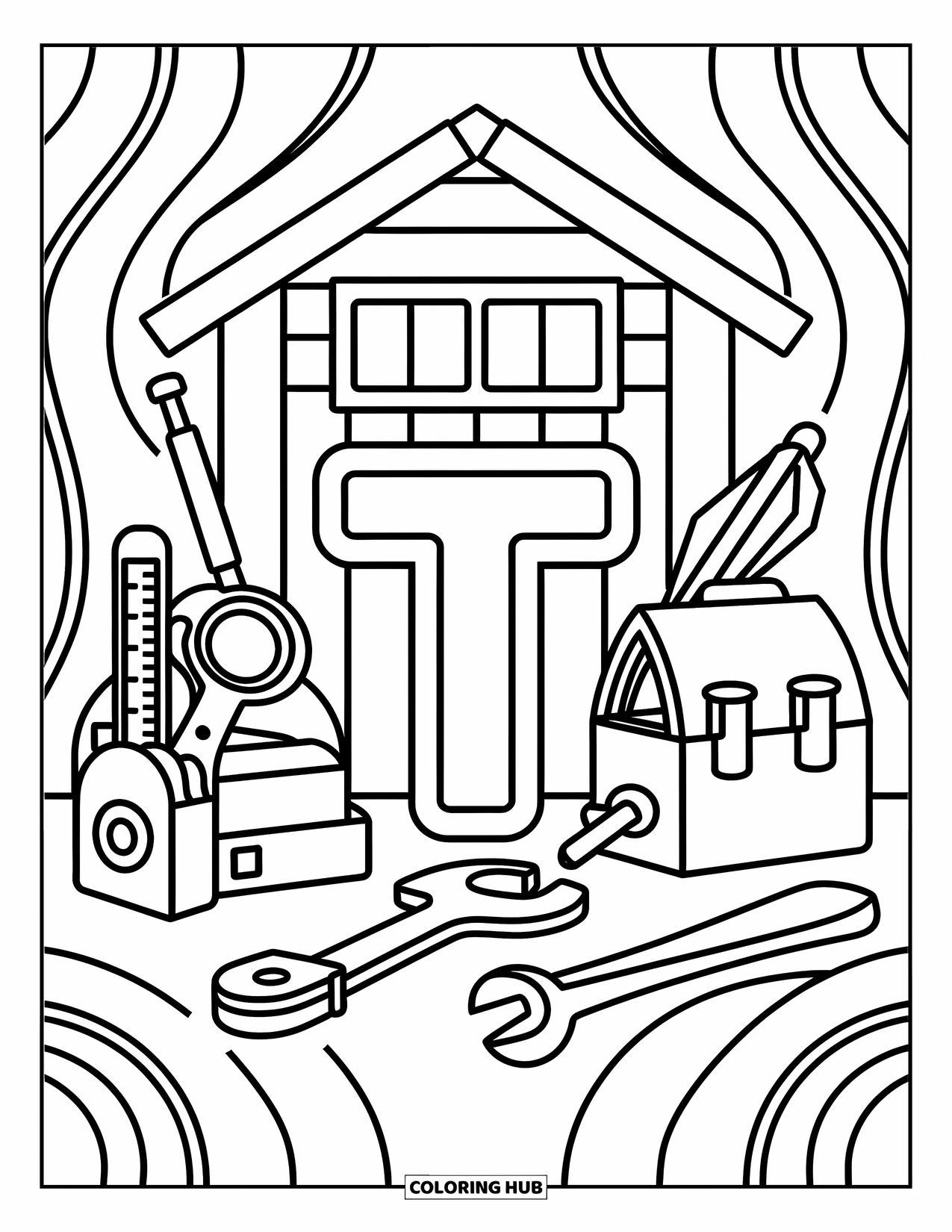 Letter T Coloring Page for Adults: T is surrounded by cute tools in a cozy shed with rounded shapes