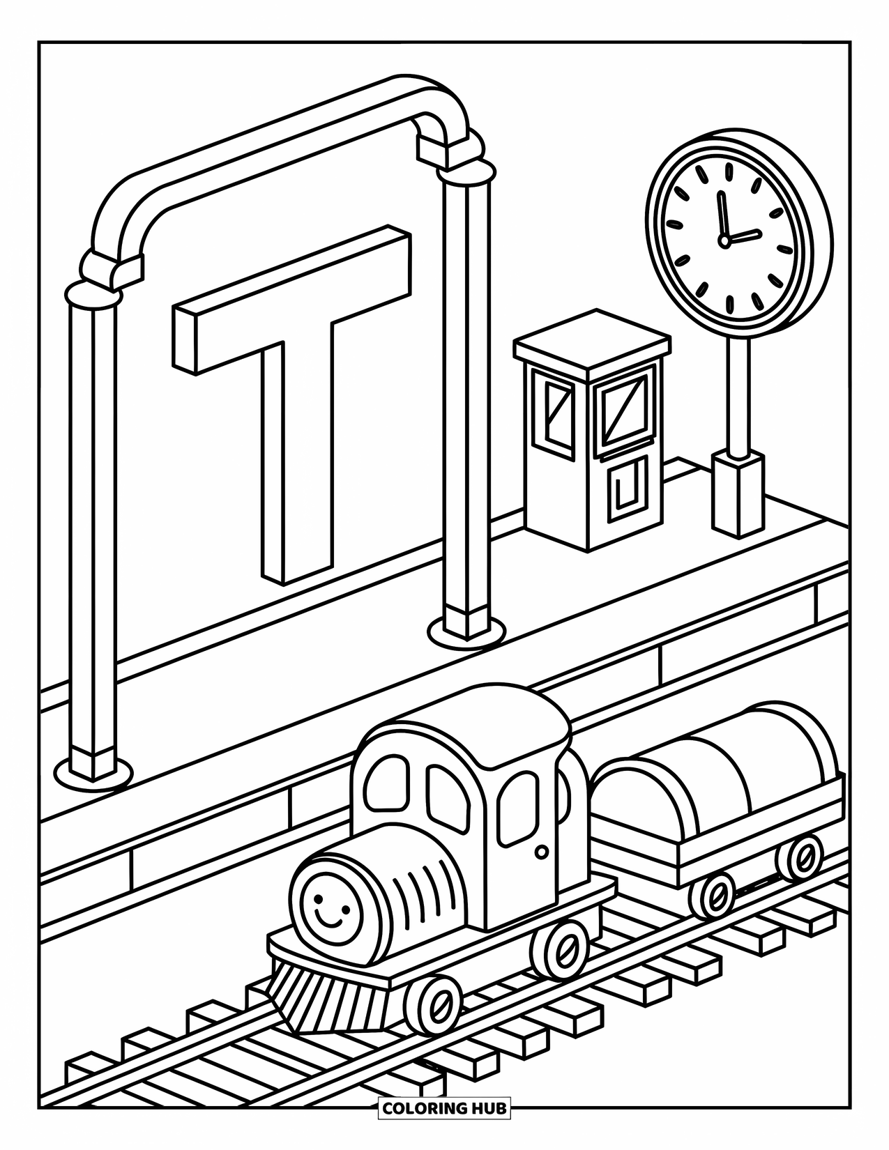 Letter T Coloring Page for Adults: T is the platform sign at a train station with carts and a ticket booth
