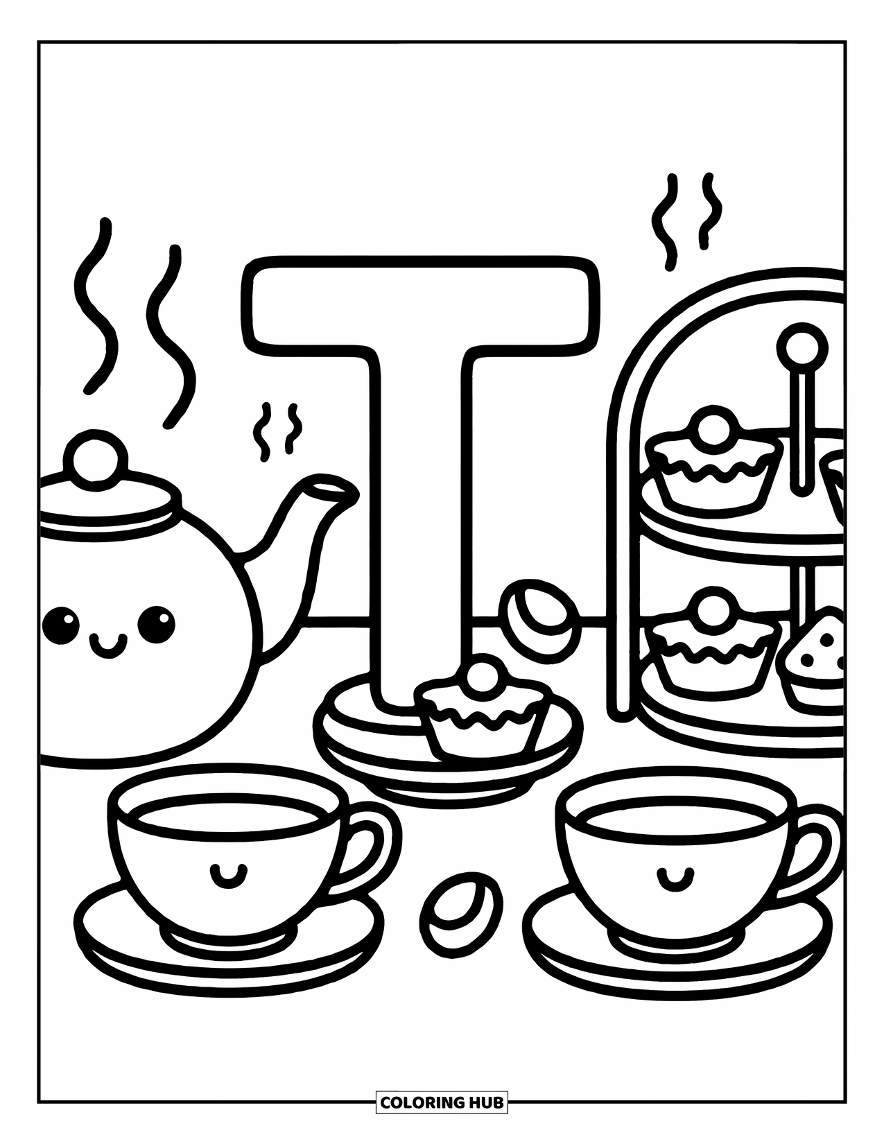 Letter T Coloring Page for Adults: T joins a tea party with cups, a teapot, and tiny tiered snacks