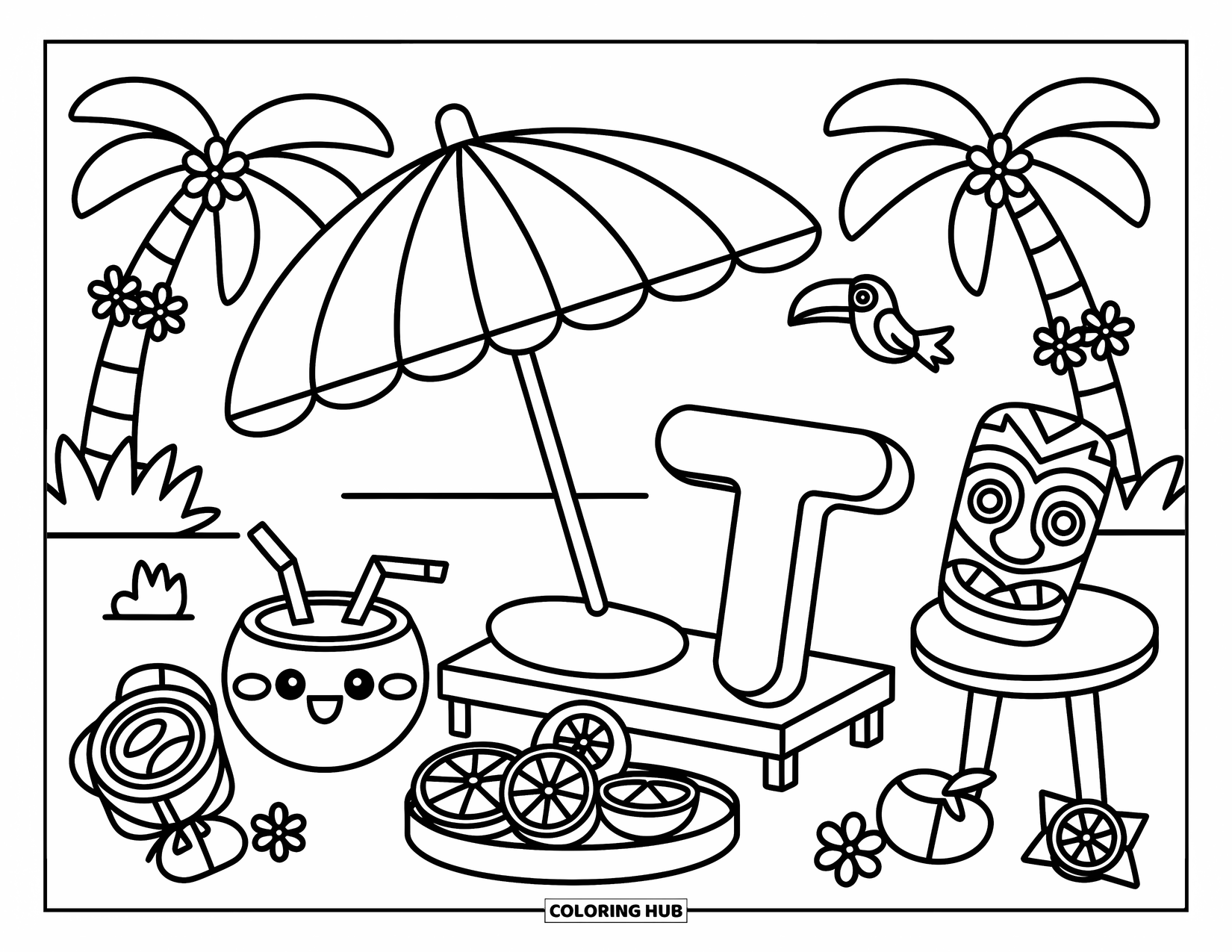 Letter T Coloring Page for Adults: T lounges by a beach tray of fruit, tiki mask, and coconut drink