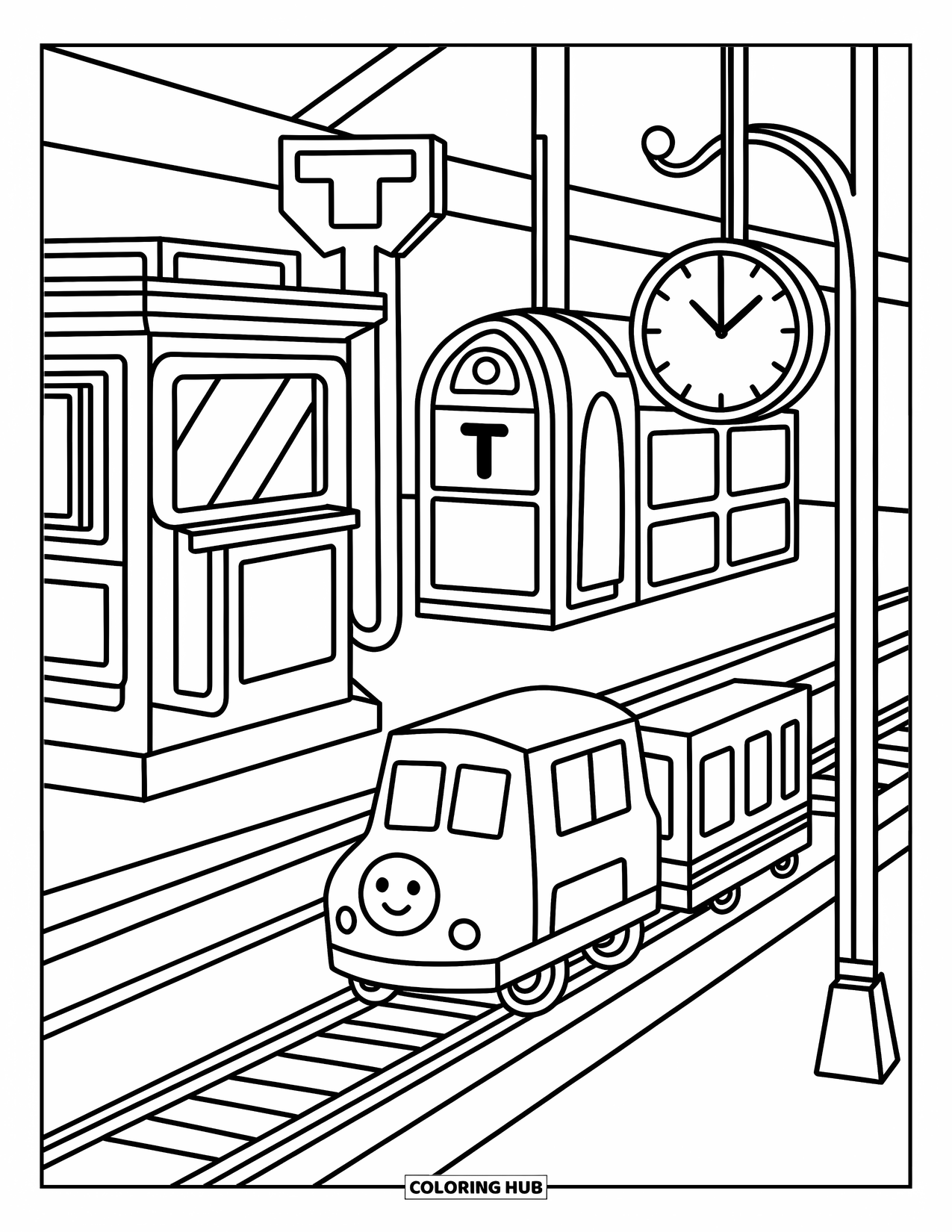 Letter T Coloring Page for Adults: T marks a tiny station with a cheerful train, booth, and ticking clock