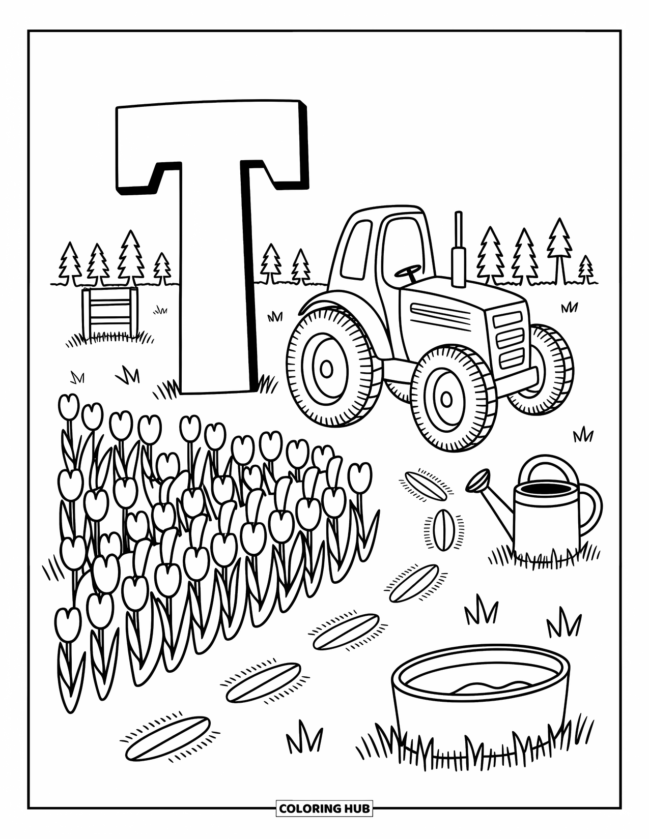 Letter T Coloring Page for Adults: T rests in a field beside a tractor, tulips, and a watering can