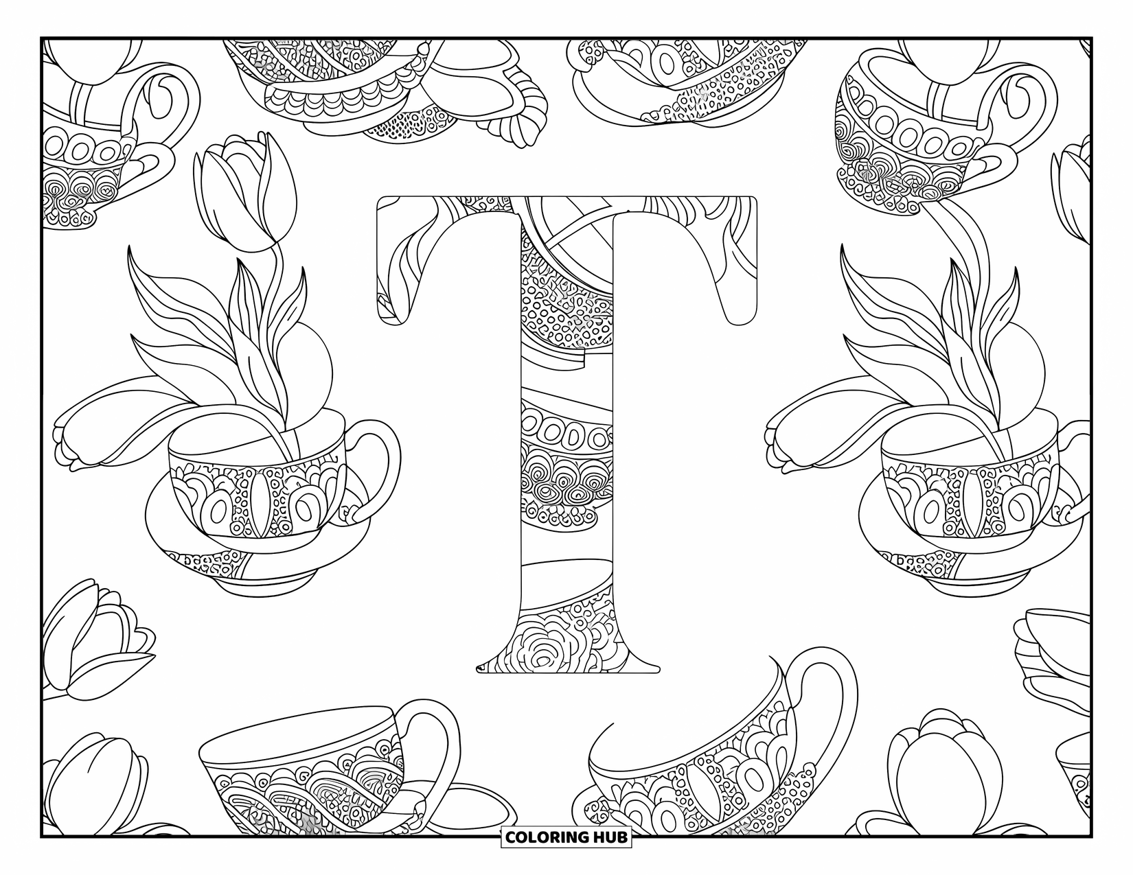 Letter T Coloring Page for Adults: T rests in a floral pattern of tulips, teacups, and lace-like leaves