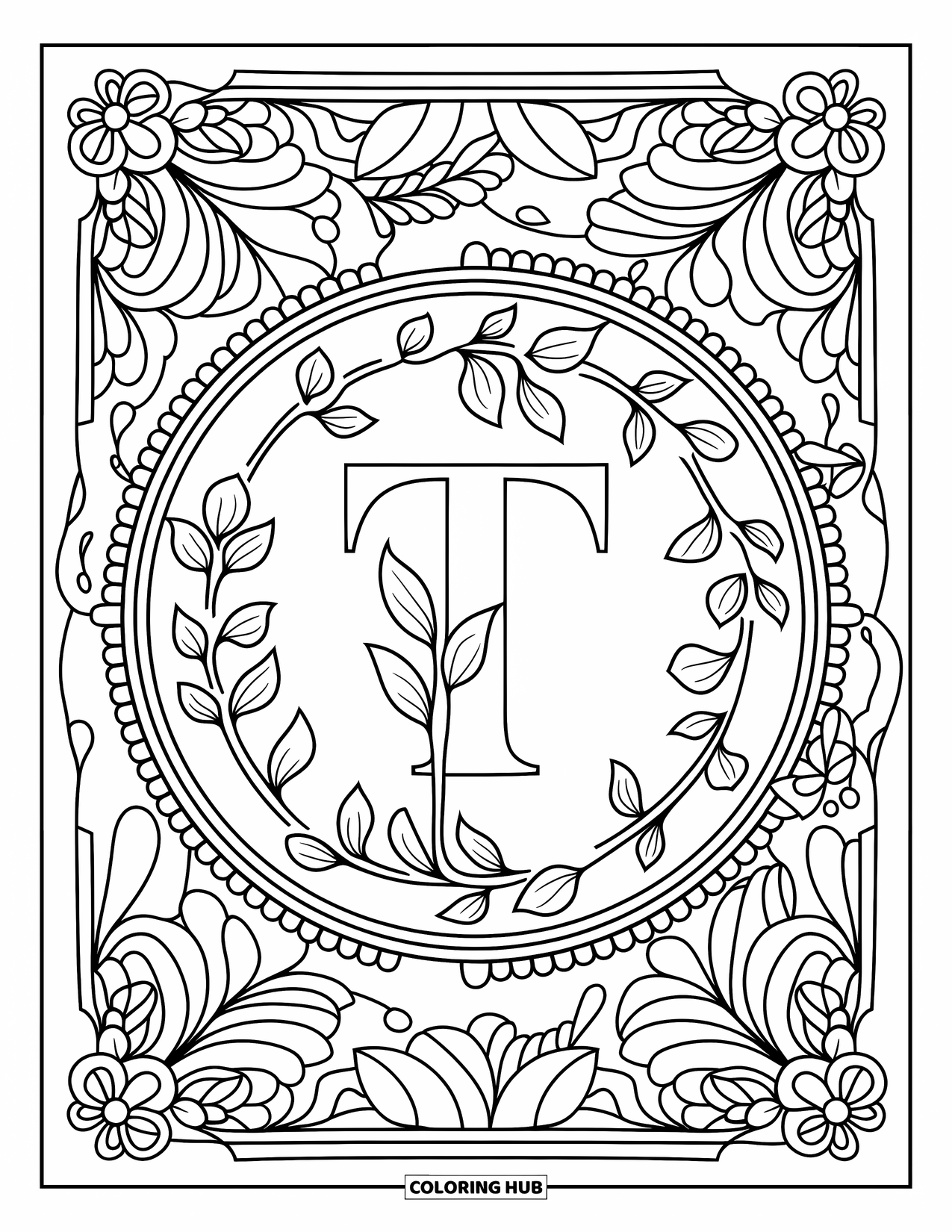 Letter T Coloring Page for Adults: T rests inside a mandala filled with floral swirls and tea leaves