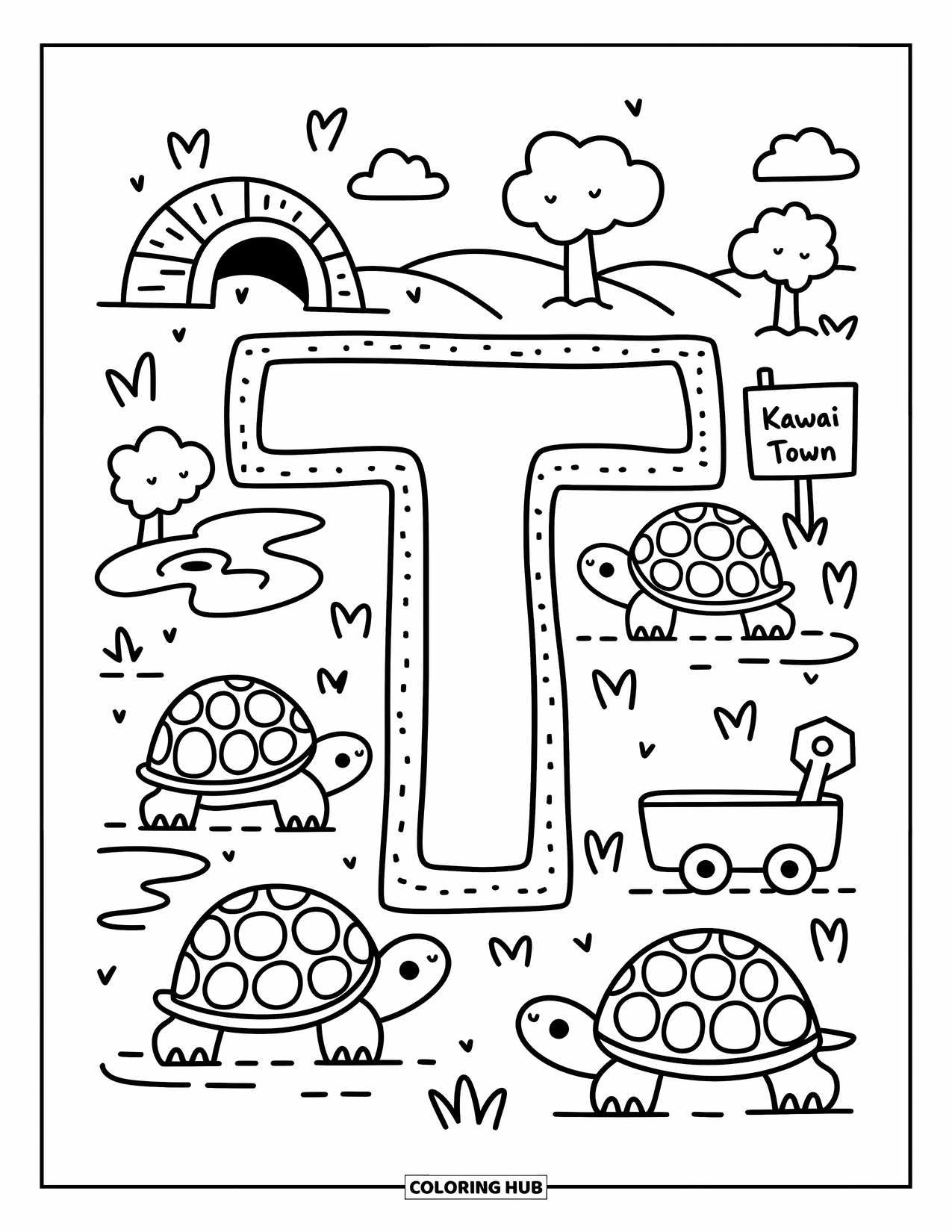 Letter T Coloring Page for Adults: T sits in turtle town with three turtles, a tunnel, and a soft hill