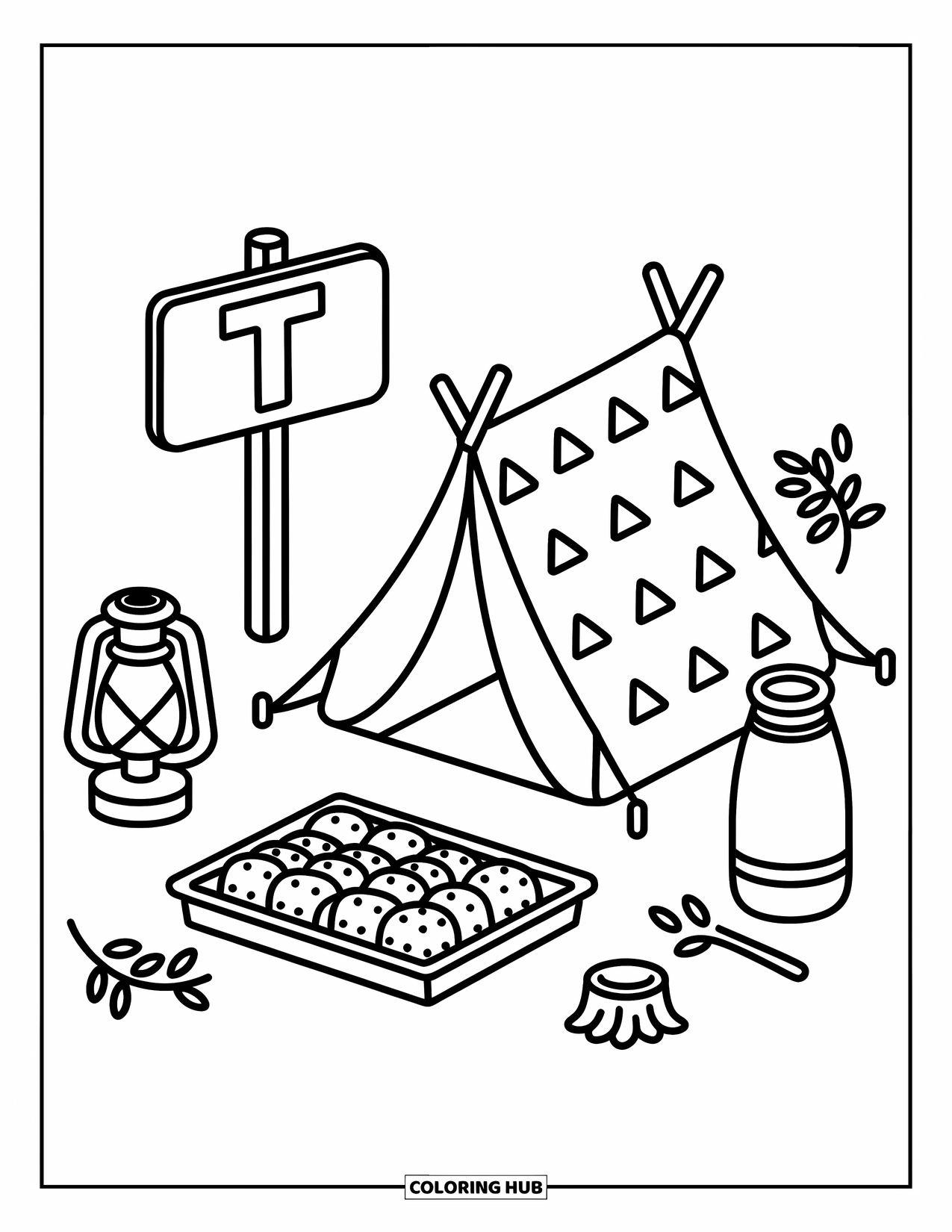 Letter T Coloring Page for Adults: T stands by a tent with marshmallows, a telescope, and a cozy lantern