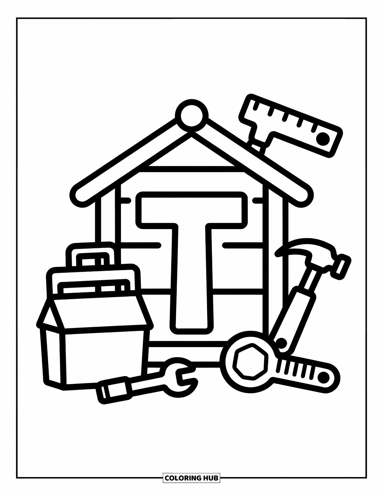 Letter T Coloring Page for Adults: T stands in a tool shed with a hammer, wrench, and tiny tape measure