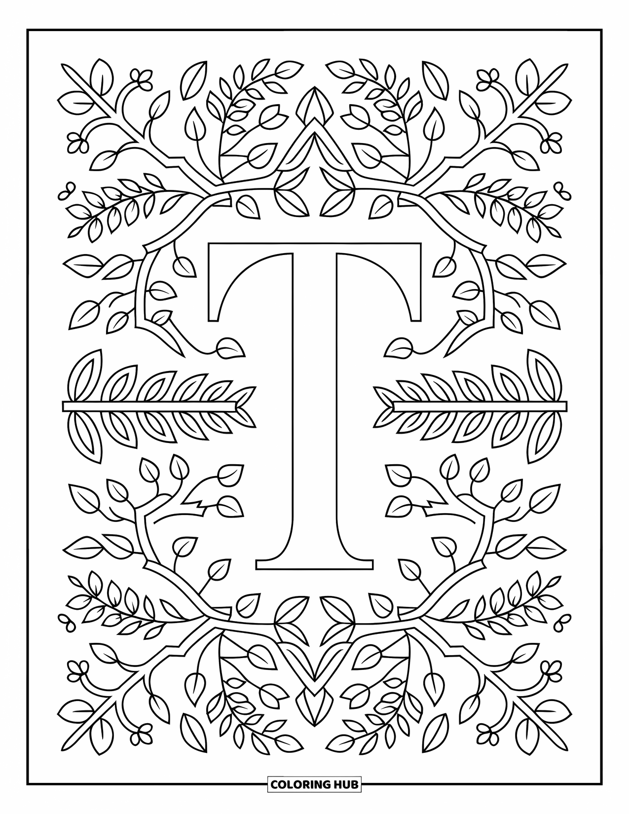 Letter T Coloring Page for Adults: T stands out among branches, vines, and tiny floral patterns