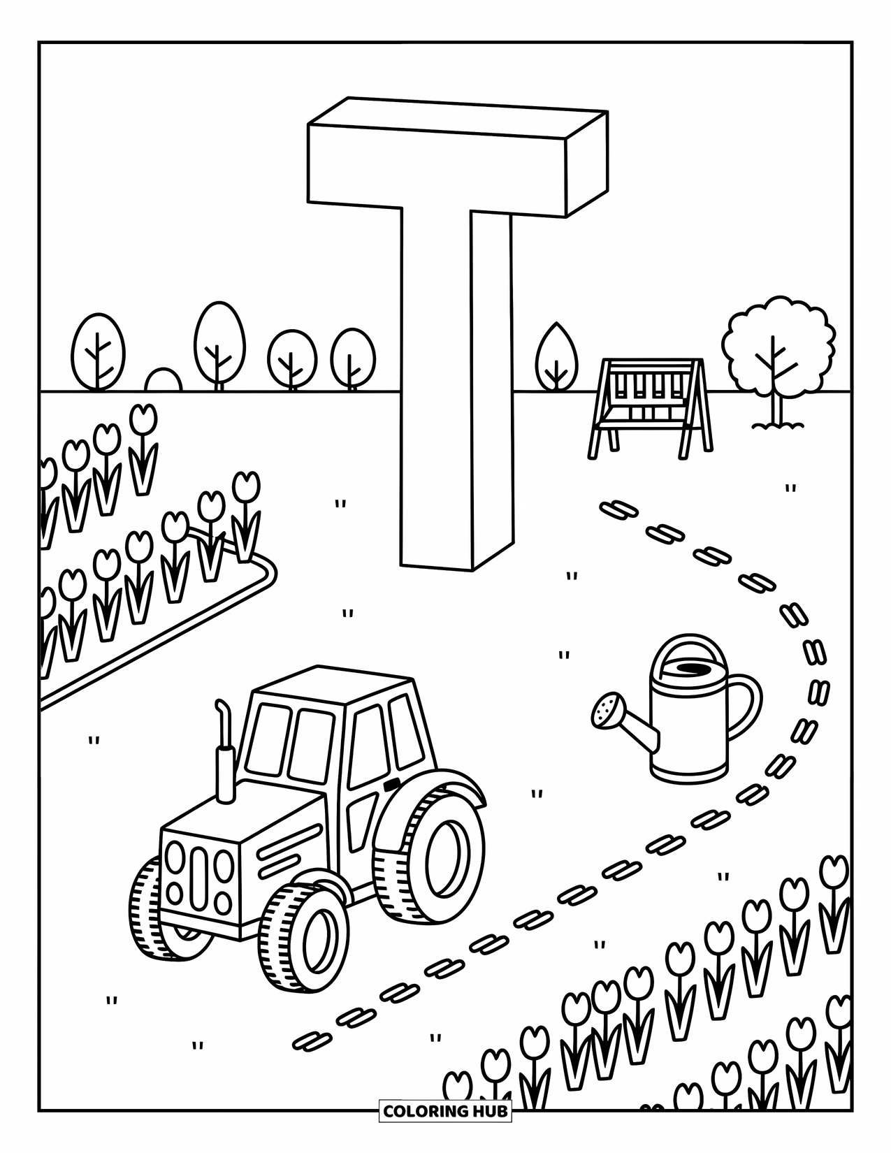 Letter T Coloring Page for Adults: T stands tall near a tractor, tulips, and a cozy farm setup
