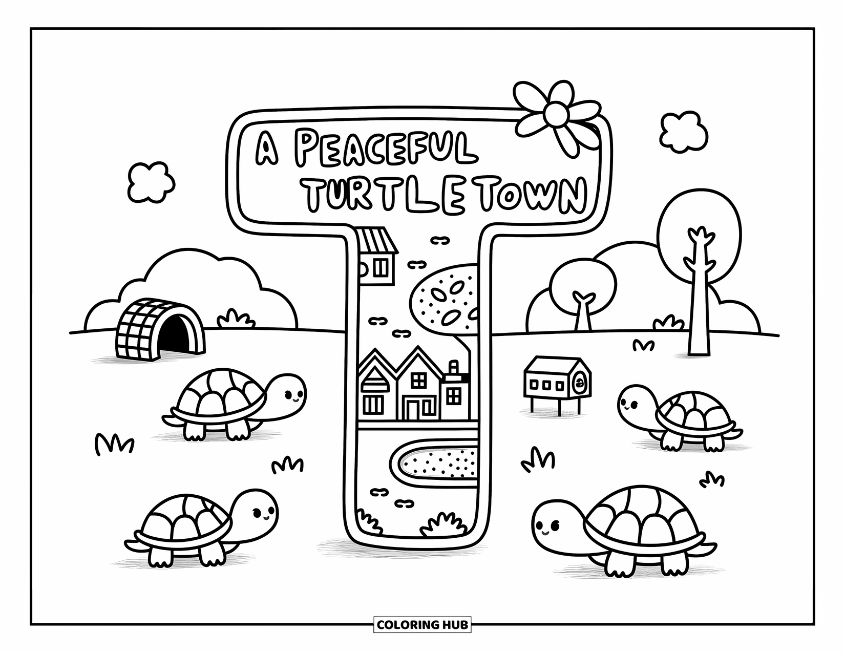 Letter T Coloring Page for Adults: Three turtles gather near T in a peaceful little turtle town