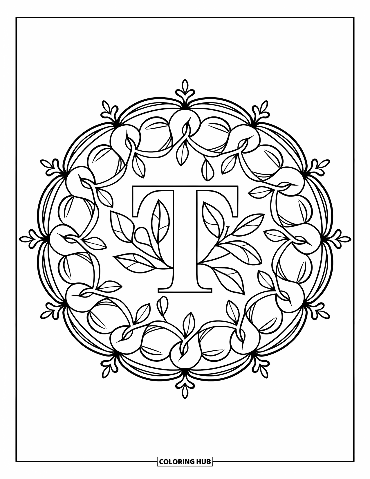 Letter T Coloring Page for Adults: Tiny tea leaves and swirls surround T in a peaceful garden mandala