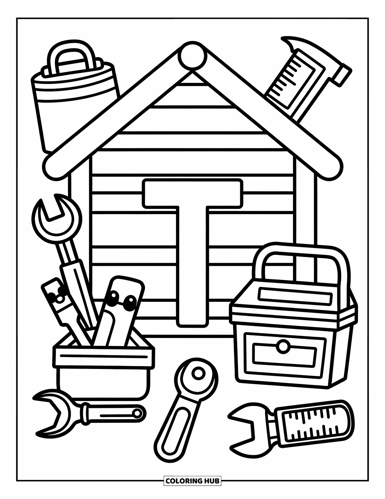 Letter T Coloring Page for Adults: Tools like a hammer and tape surround T in a cheerful little shed
