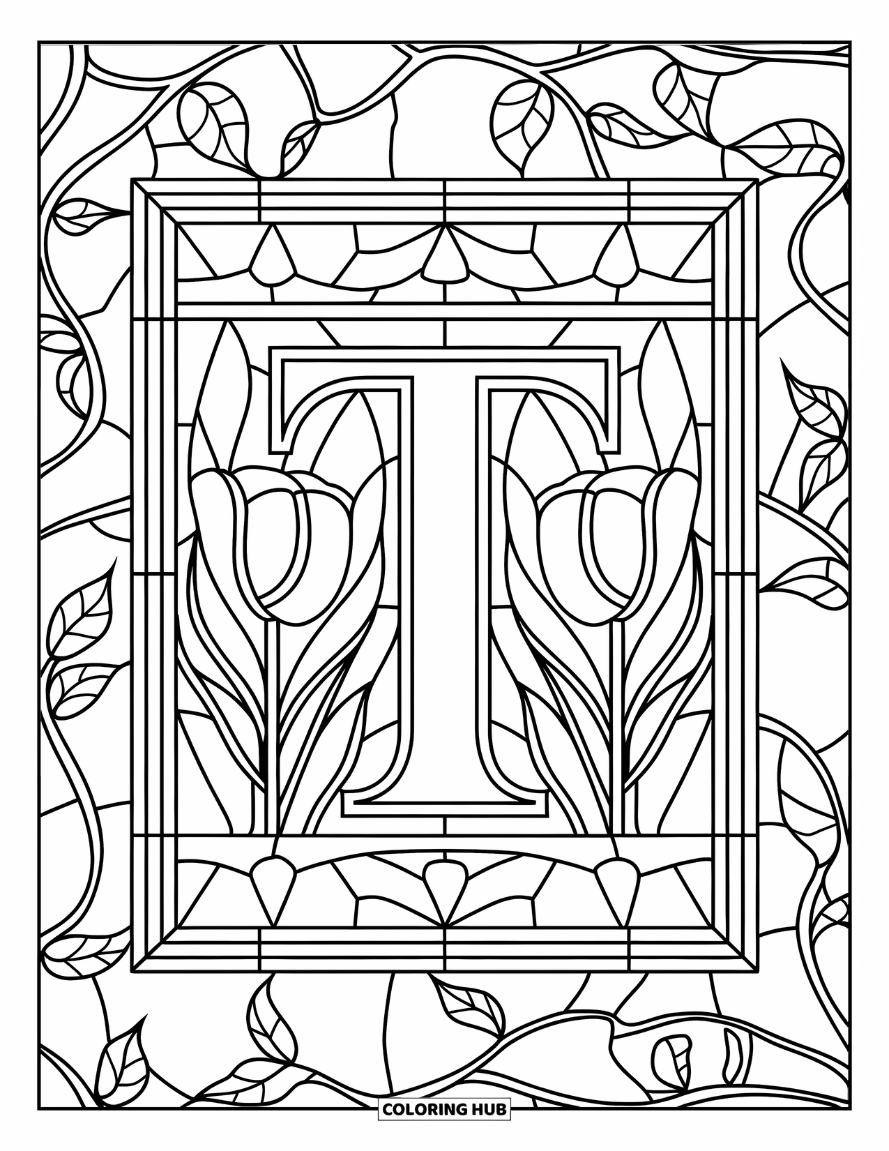 Letter T Coloring Page for Adults: Tulips and vines shape a mosaic frame around T