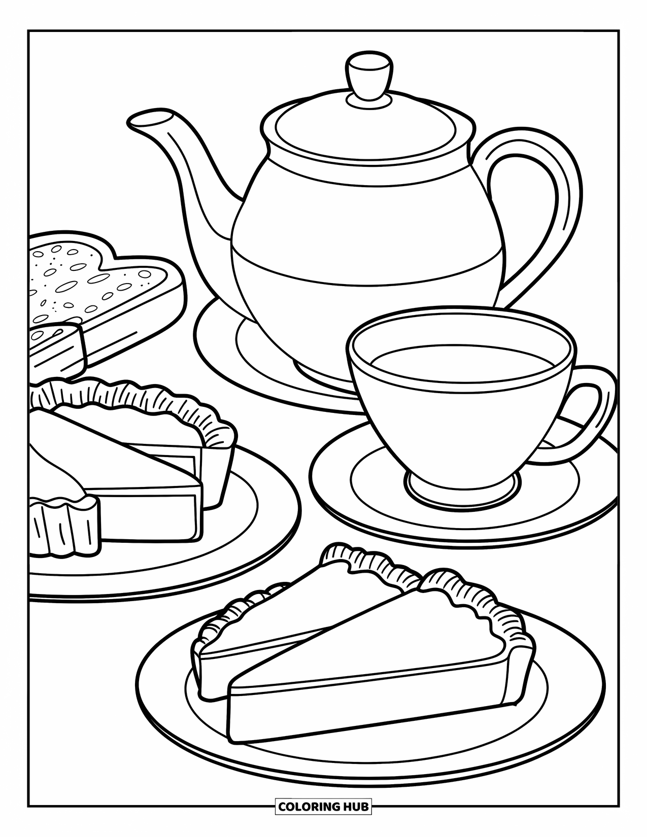 Letter T Coloring Page for Kids: A cozy tea setting with tart slices, toast, and tea