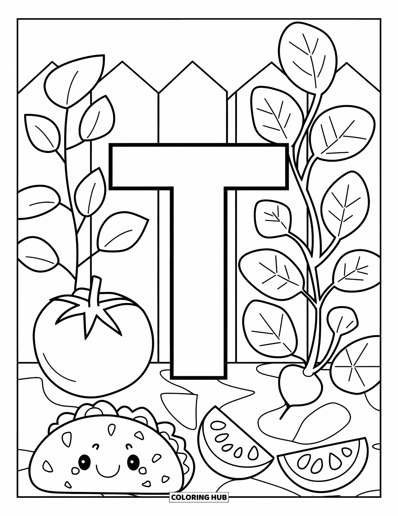 Letter T Coloring Page for Kids: A cute garden surrounds T with a tomato, taco, tangerine, and turnip