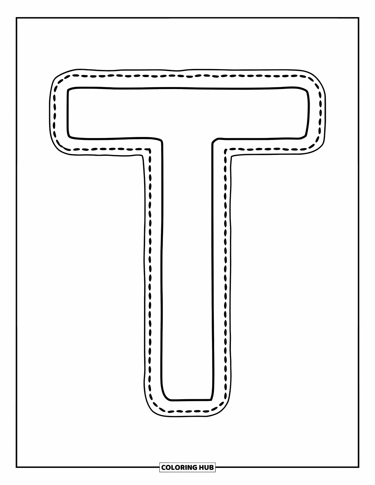 Letter T Coloring Page for Kids: A dotted uppercase T makes tracing simple and fun