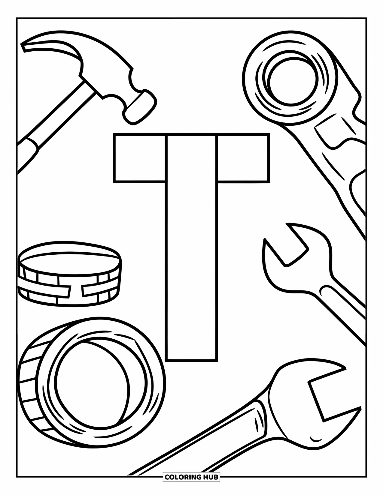 Letter T Coloring Page for Kids: A hammer, tape, and wrench surround the letter T in a toolbox layout