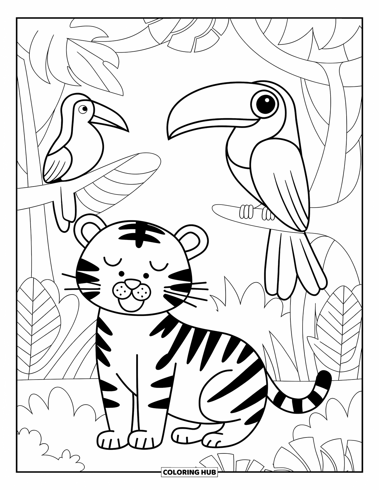 Letter T Coloring Page for Kids: A jungle tiger rests while a toucan perches nearby