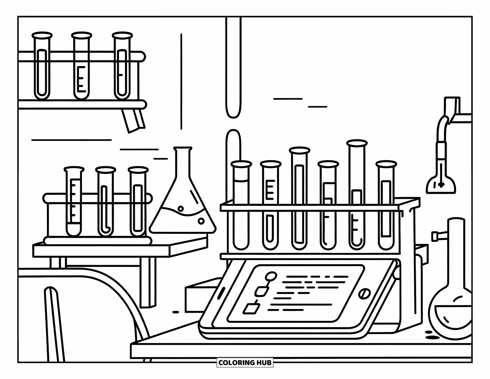 Letter T Coloring Page for Kids: A lab setup with test tubes, thermometers, and a tablet on a wooden table