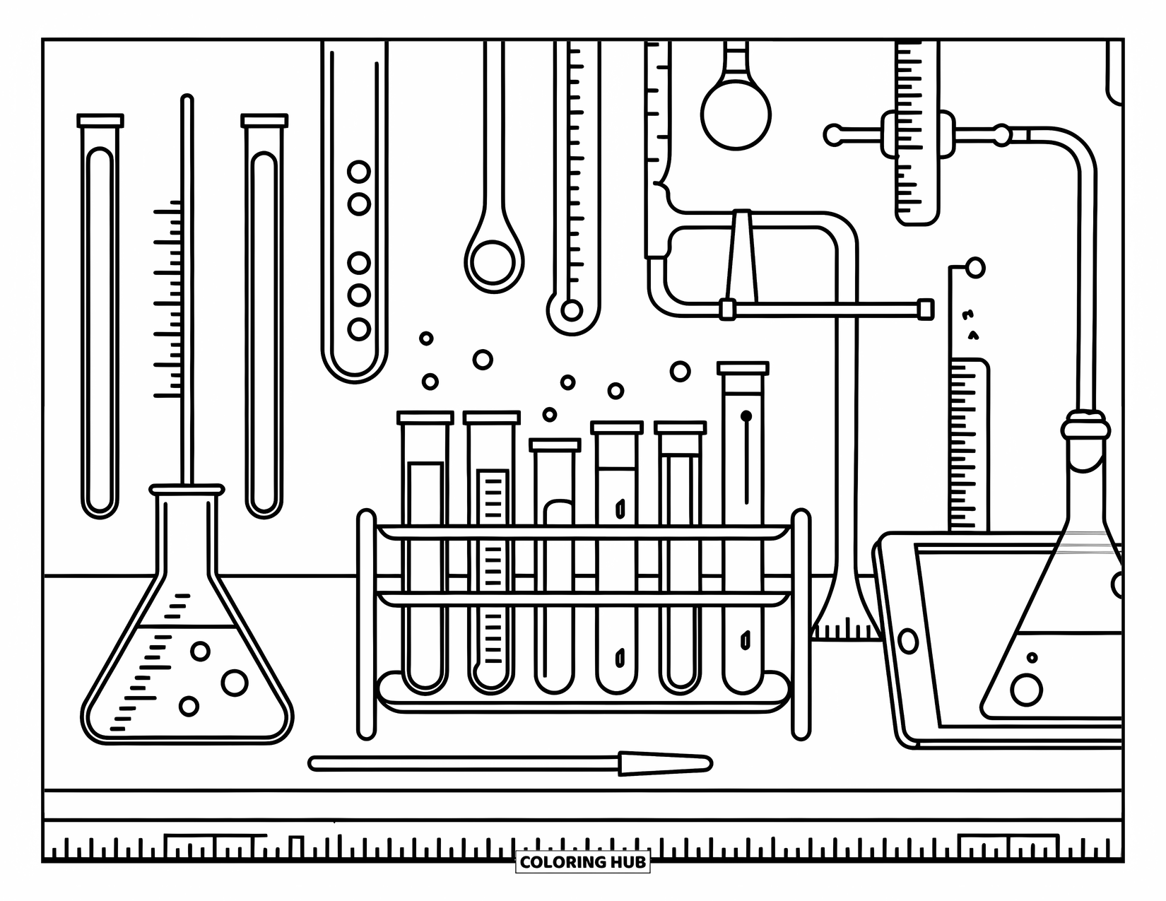 Letter T Coloring Page for Kids: A science lab with test tubes, thermometer, ruler, and tablet on a table