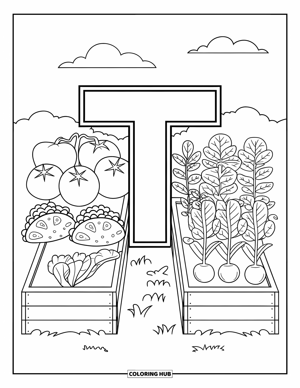 Letter T Coloring Page for Kids: A T is surrounded by taco, tomato, turnip, and tangerine in a garden