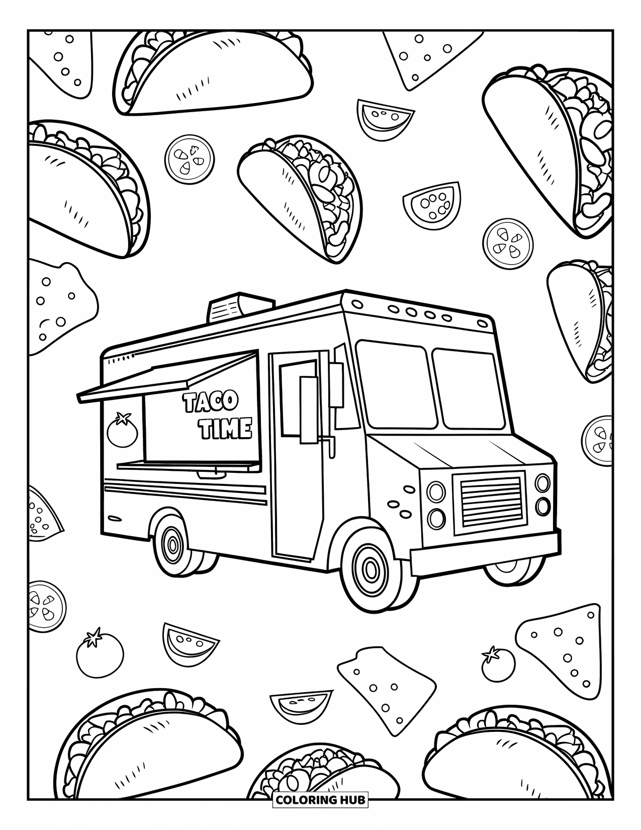 Letter T Coloring Page for Kids: A taco truck is surrounded by tacos, tomatoes, and tortilla chips