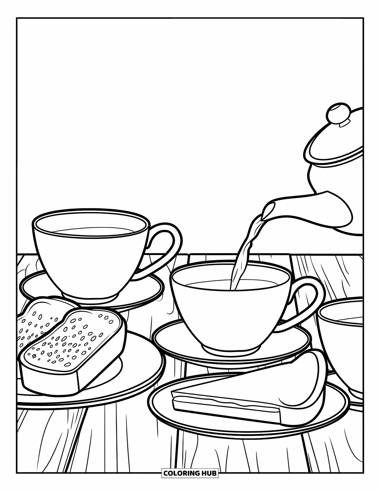Letter T Coloring Page for Kids: A teapot pours tea beside toast and tart slices