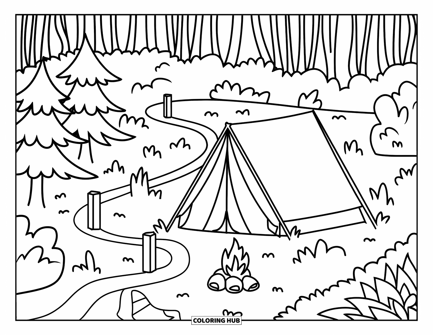 Letter T Coloring Page for Kids: A tent sits by a trail with trees, markers, and a tiny fire pit