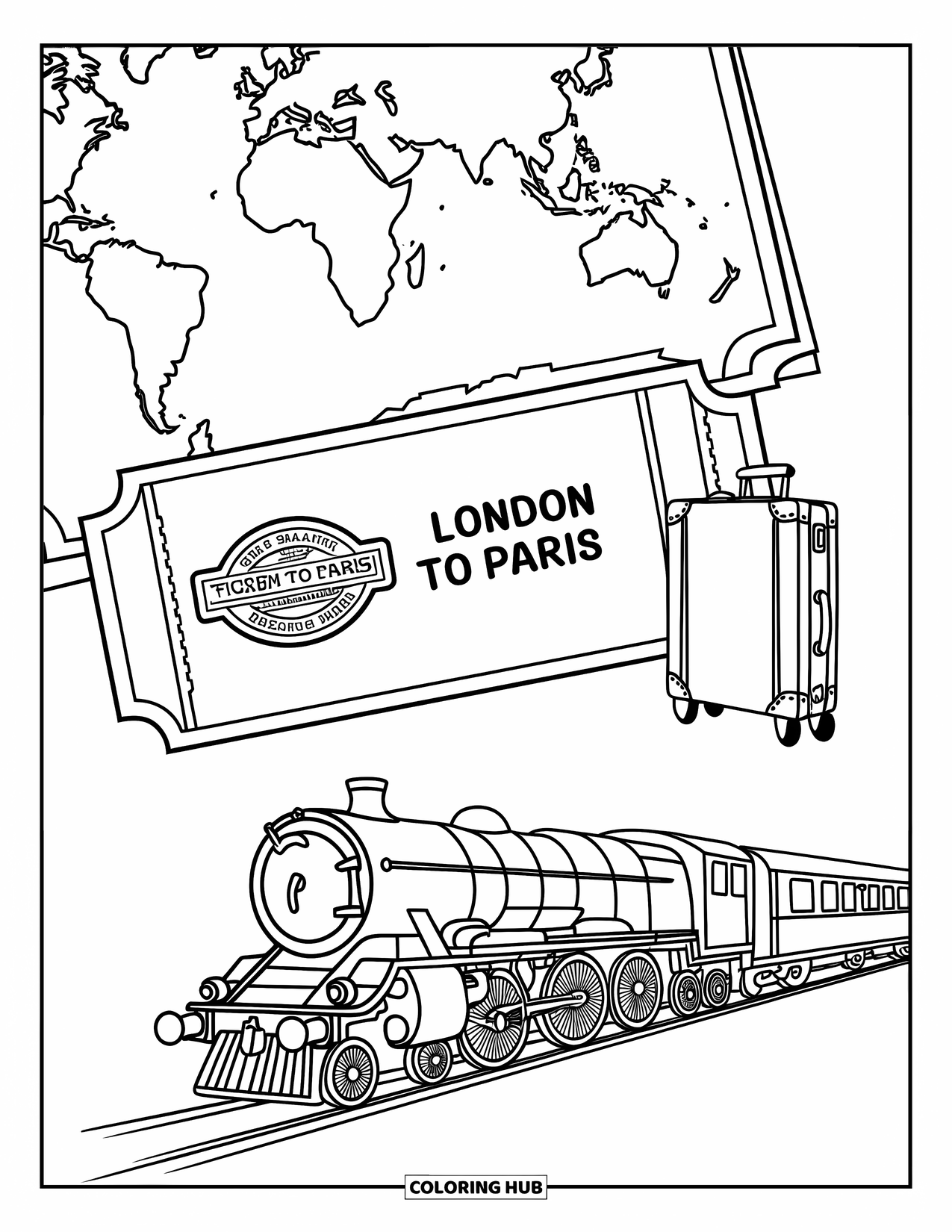 Letter T Coloring Page for Kids: A vintage train and suitcase sit in a travel-themed flat lay