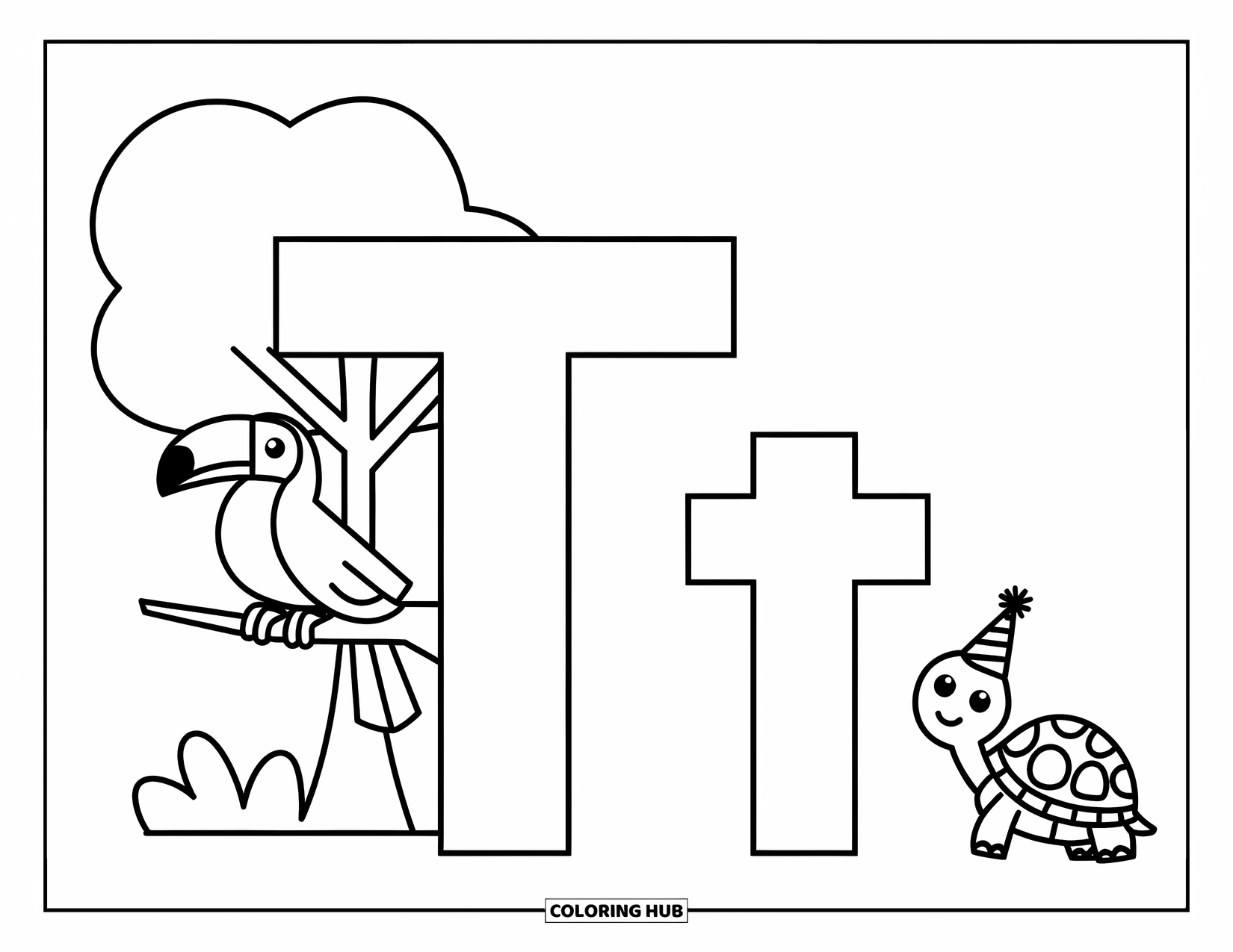 Letter T Coloring Page for Kids: Big T stands beside a tree with a toucan, and little t has a turtle