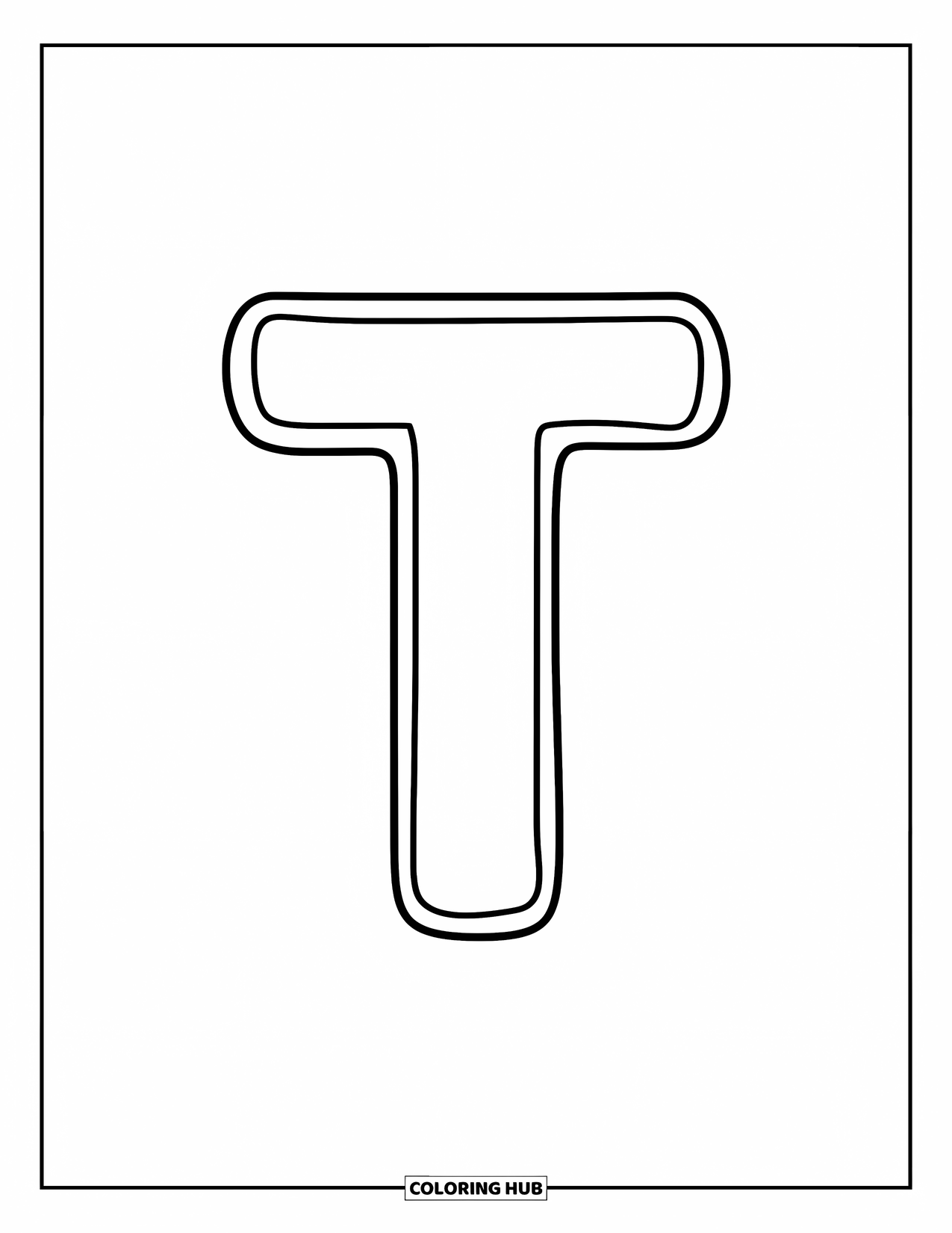 Letter T Coloring Page for Kids: Chunky little t sits in the middle, playful and fun