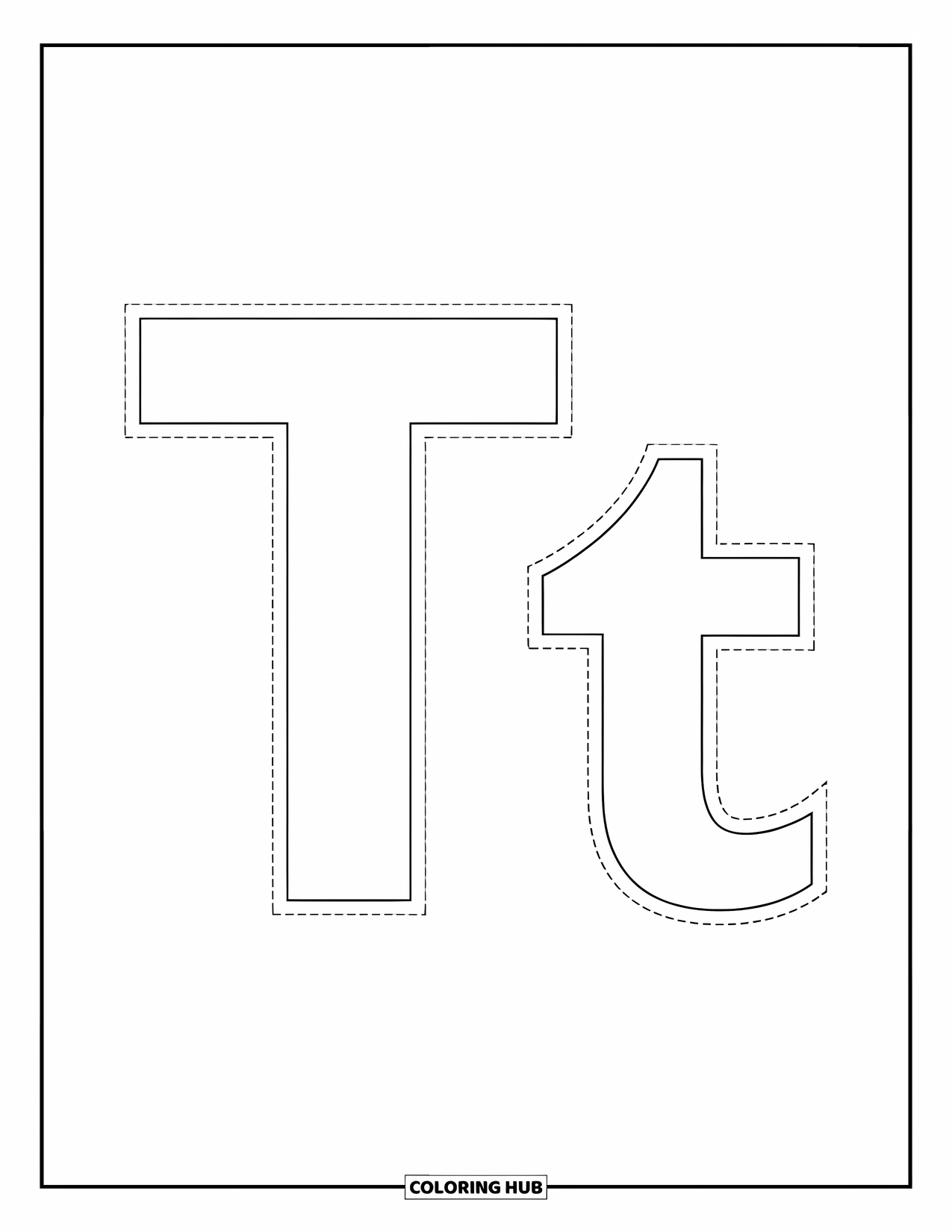 Letter T Coloring Page for Kids: Dotted T and t are side by side for preschool tracing