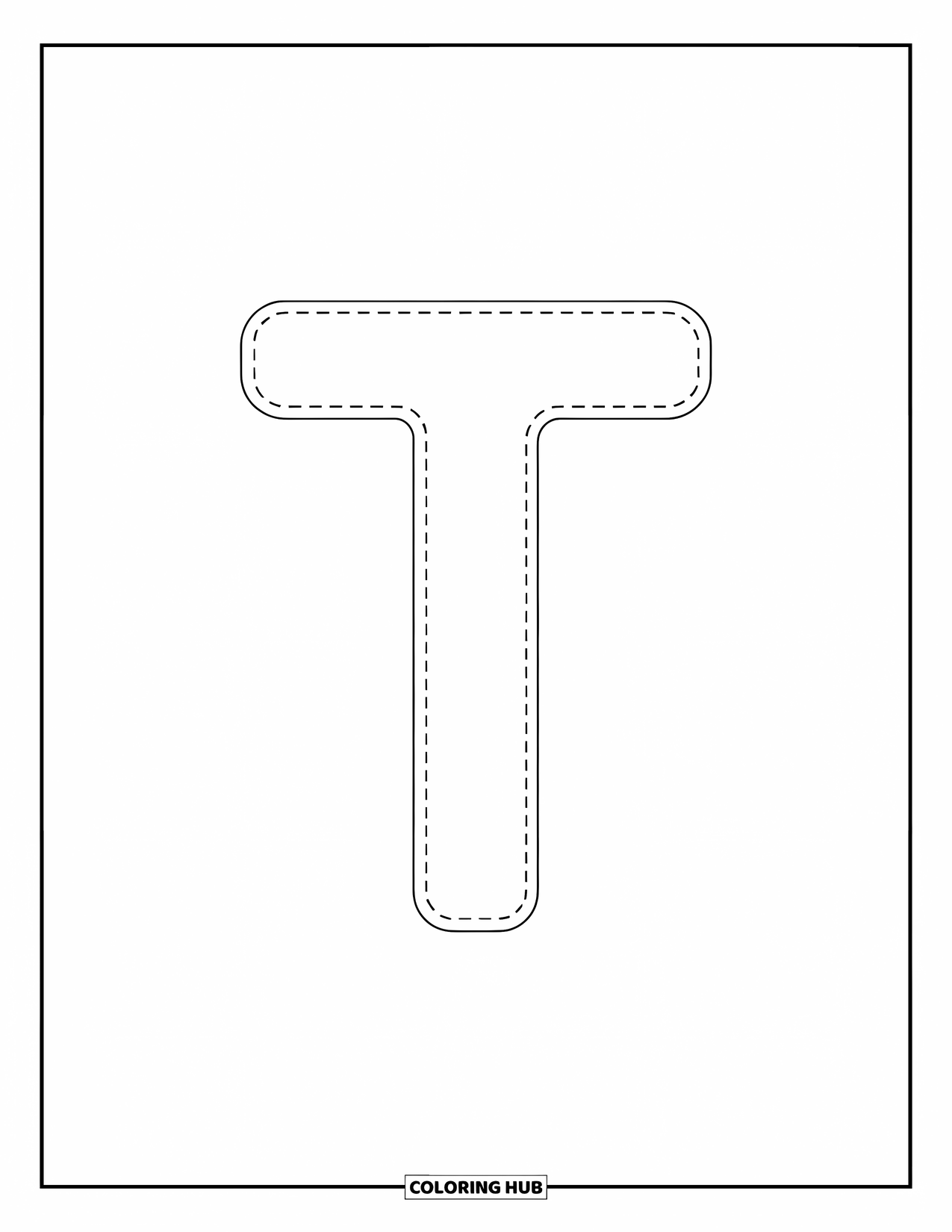 Letter T Coloring Page for Kids: Dotted uppercase T is ready for tracing practice