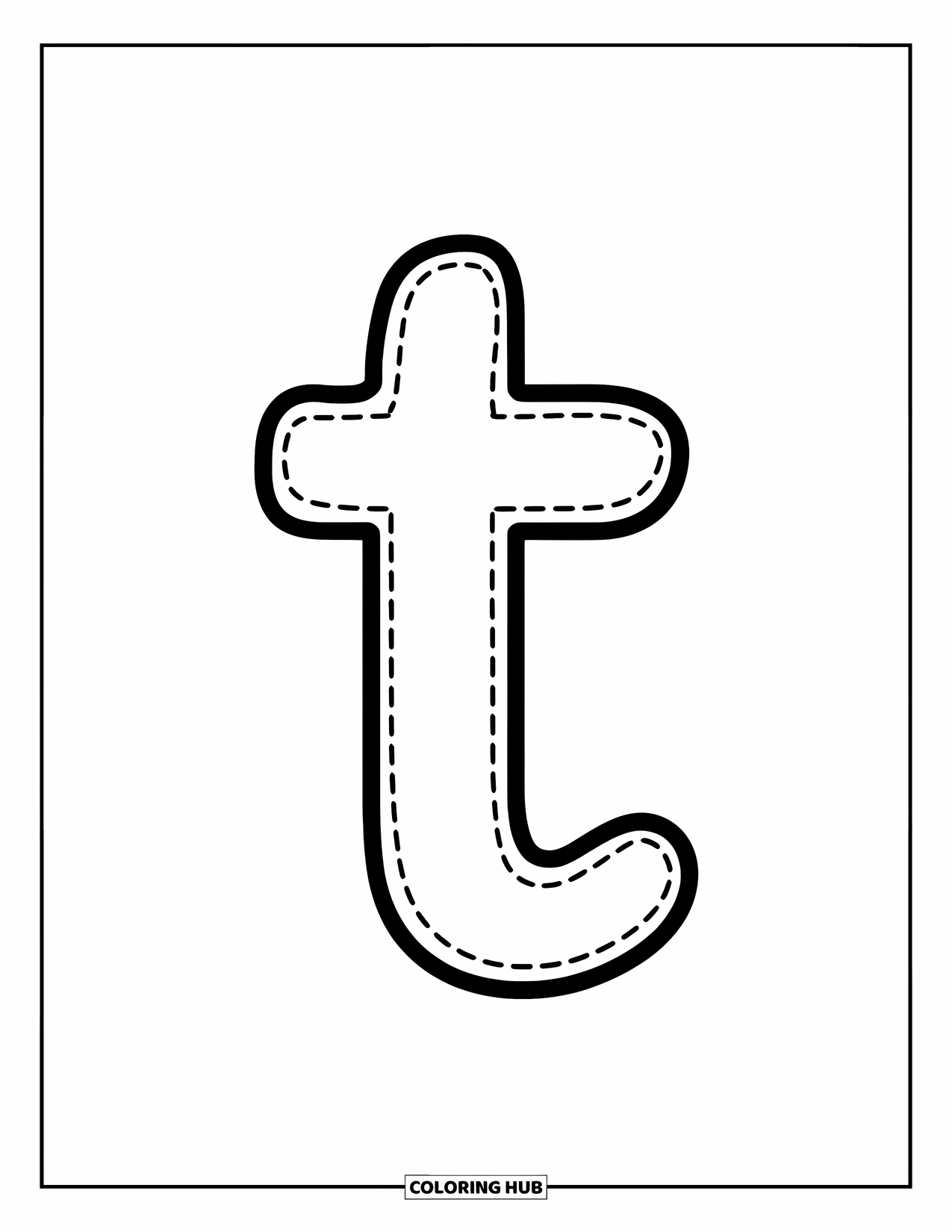Letter T Coloring Page for Kids: Little t with dotted lines makes tracing cheerful and simple