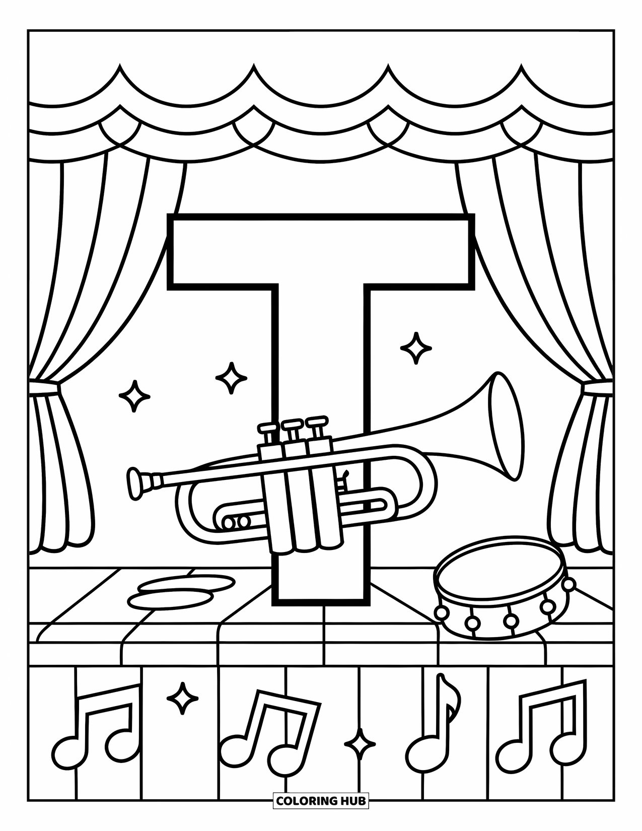Letter T Coloring Page for Kids: Music notes, tambourine, and trumpet surround T on a stage with curtains