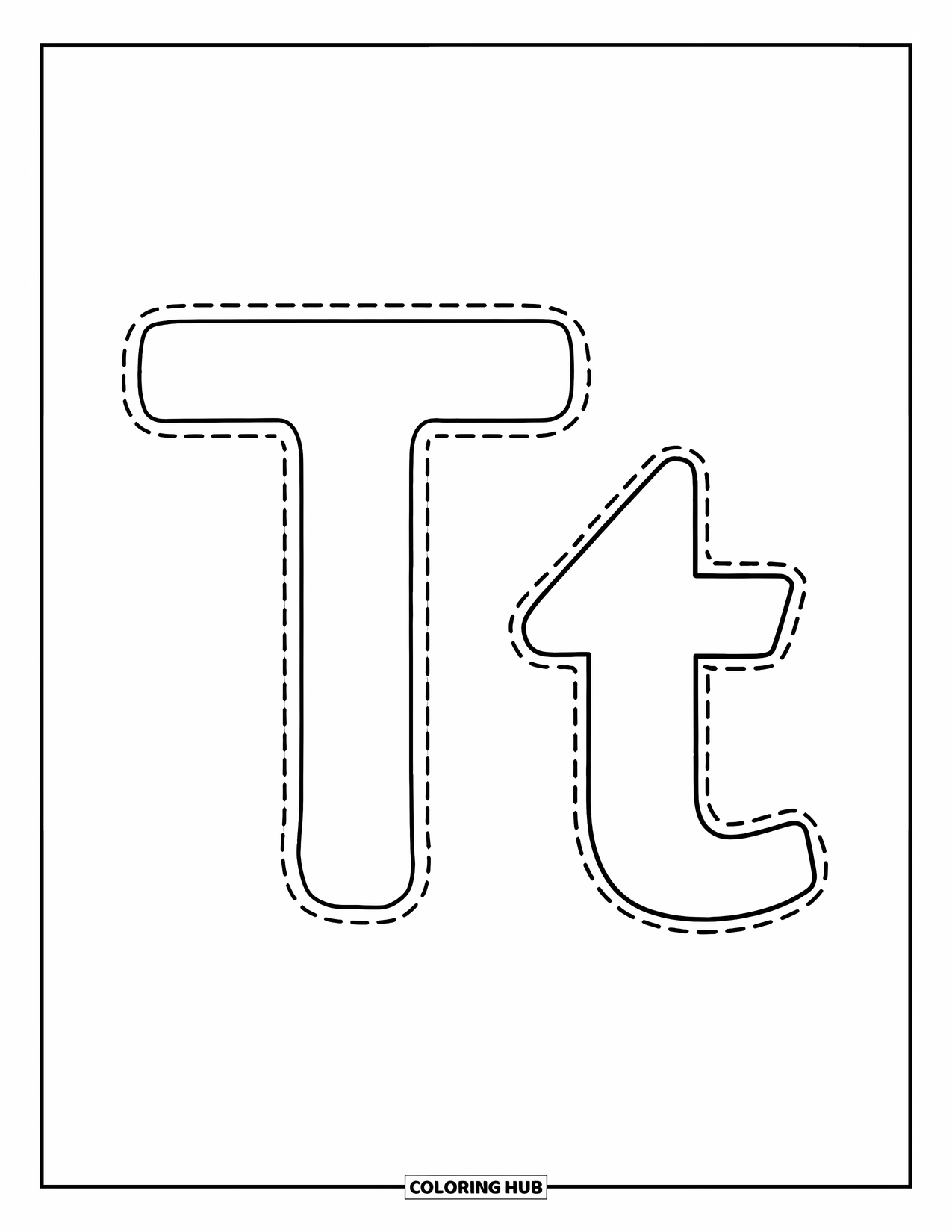 Letter T Coloring Page for Kids: T and t are dotted outlines ready for tracing fun