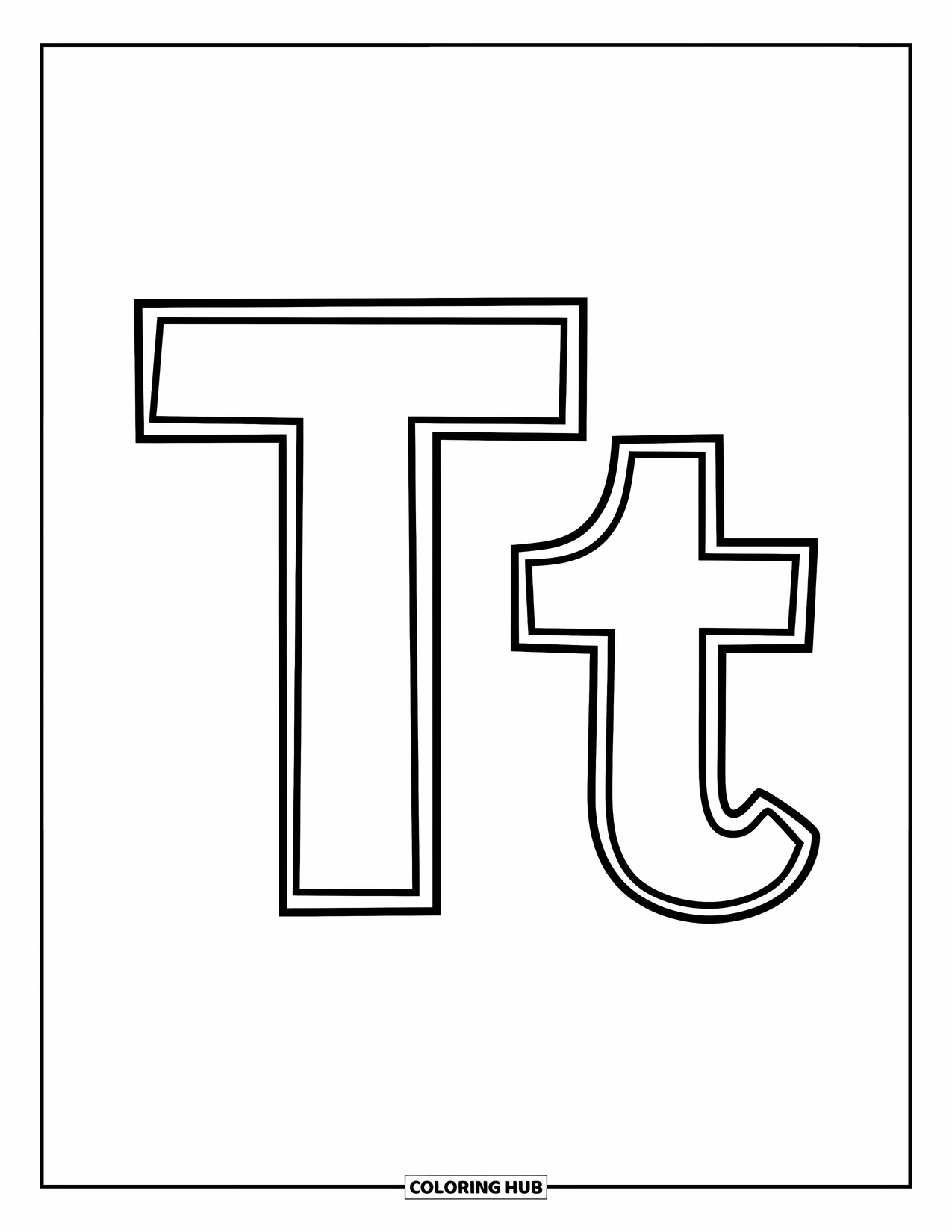 Letter T Coloring Page for Kids: T and t sit together with bold outlines for easy coloring