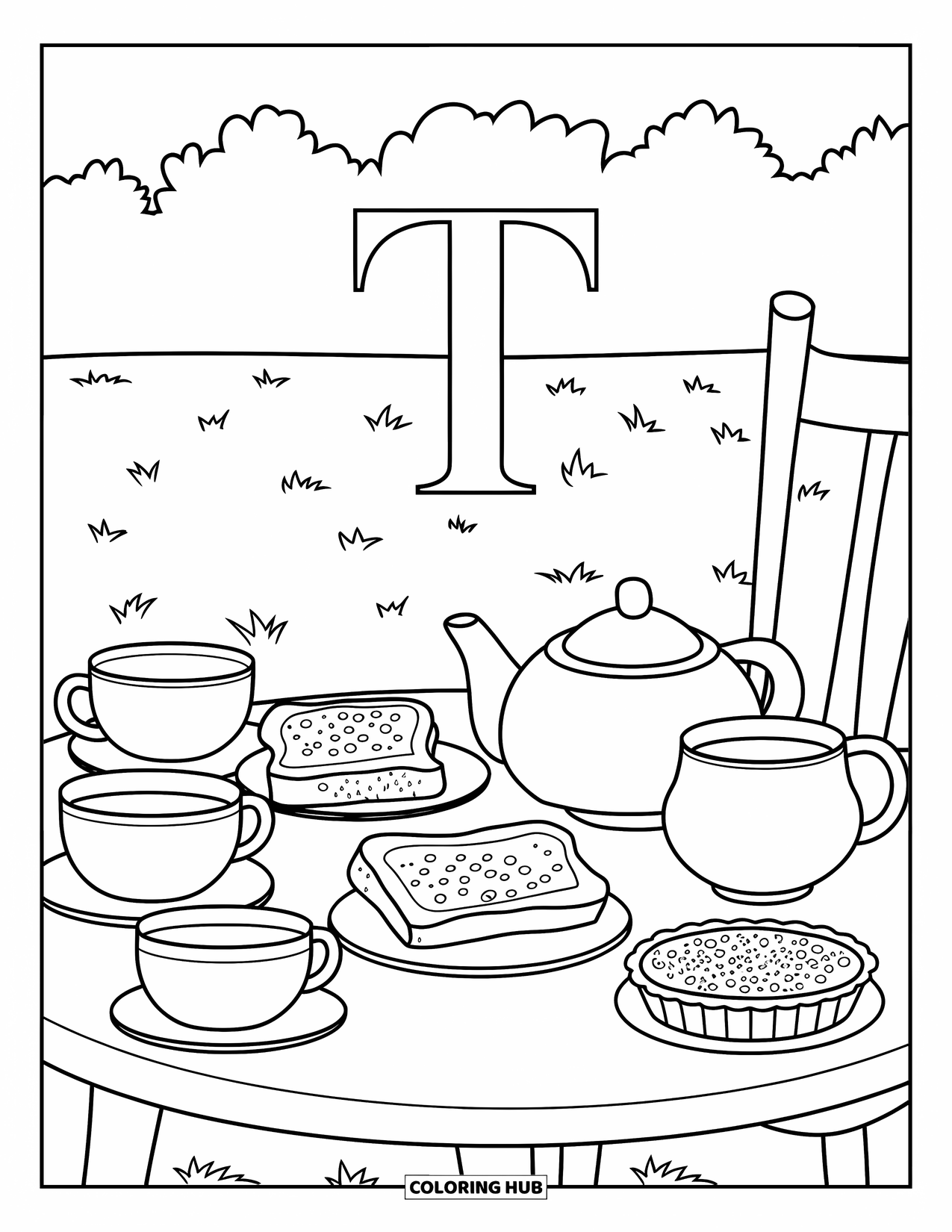 Letter T Coloring Page for Kids: T enjoys tea with toast, tarts, and a few teacups outdoors