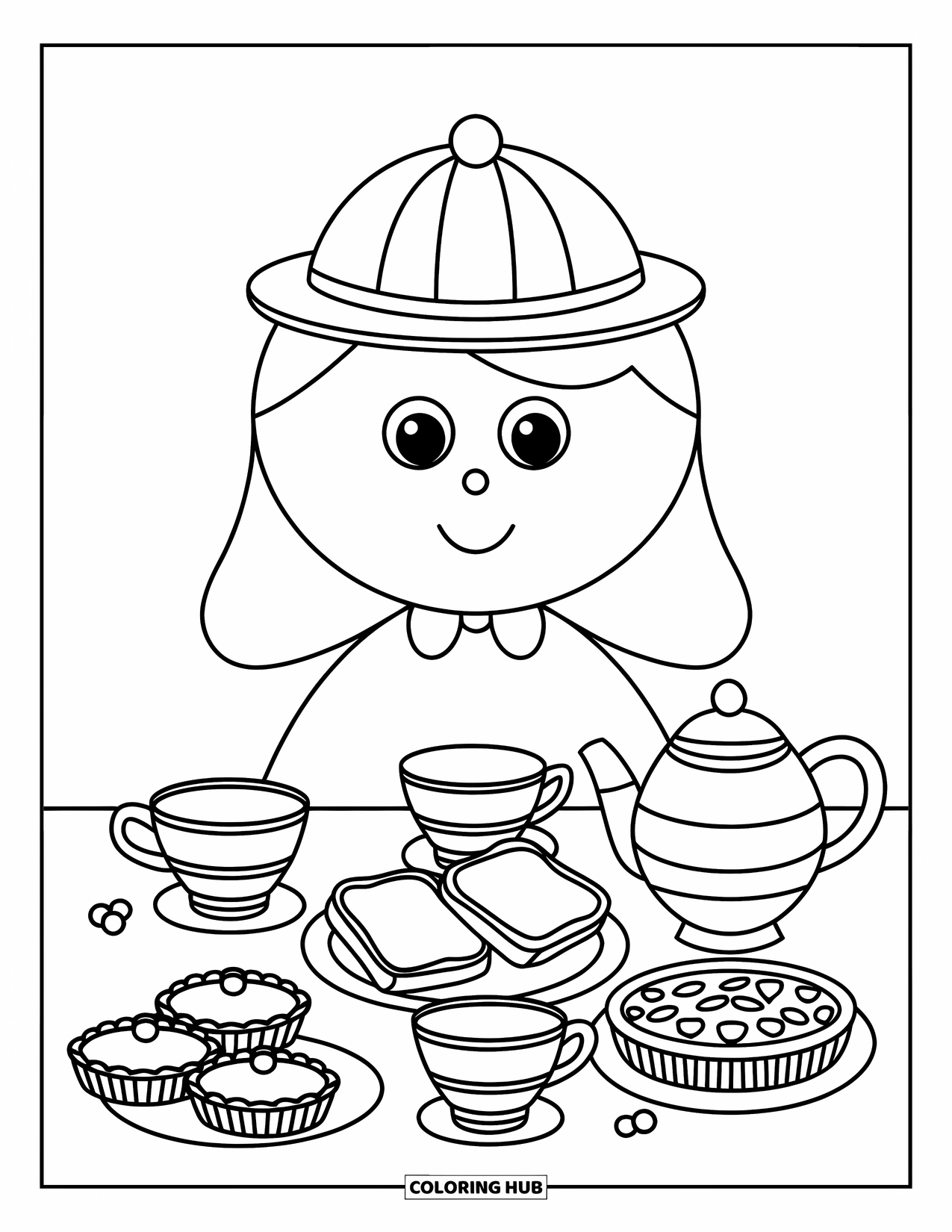 Letter T Coloring Page for Kids: T hosts a tea party with teapot, toast, and tart slices