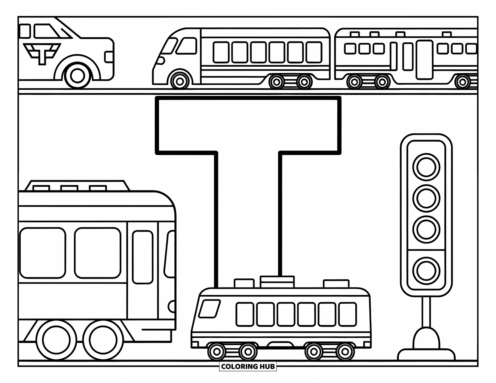 Letter T Coloring Page for Kids: T in the middle of trucks, trains, and traffic lights on the move