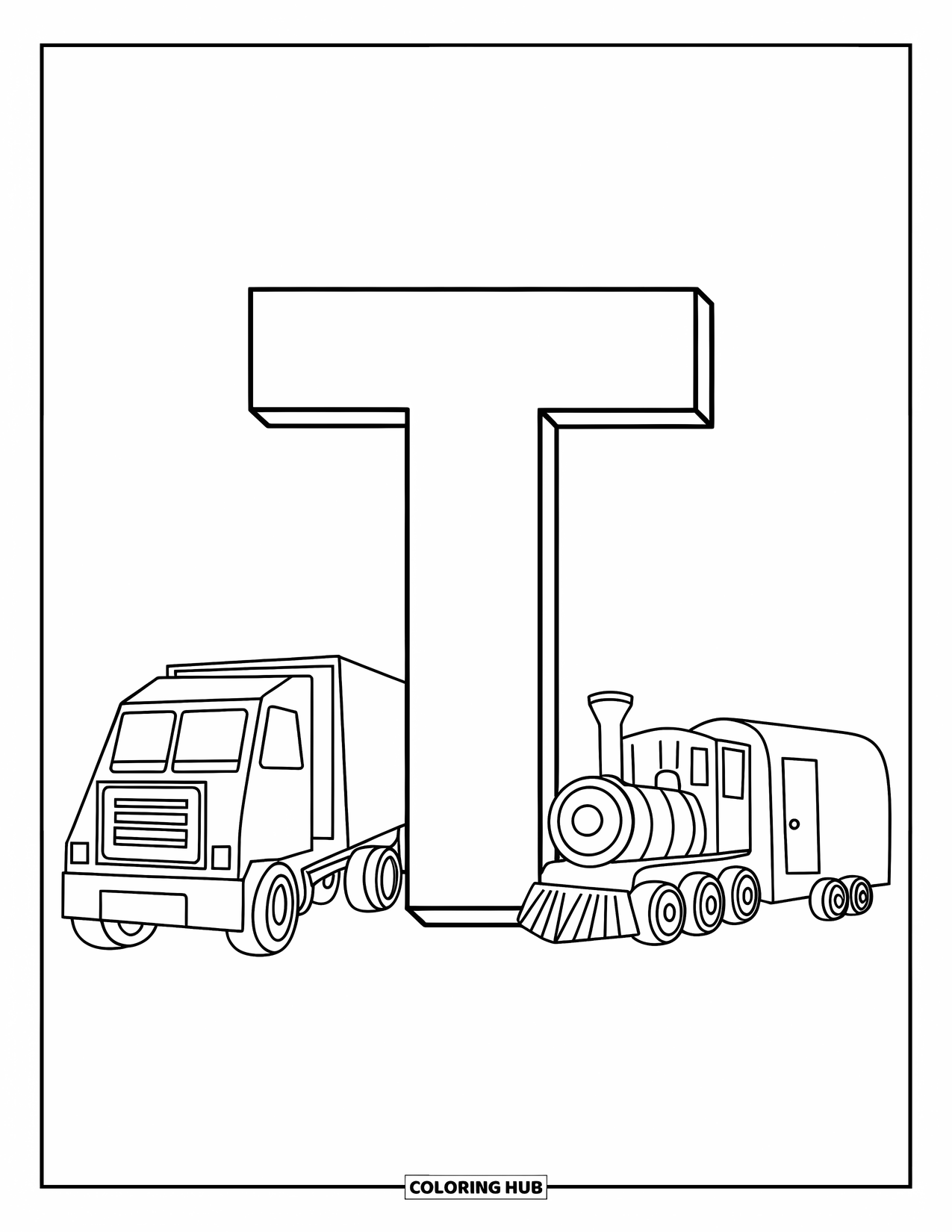Letter T Coloring Page for Kids: T is parked near a toy truck, train, and trailer