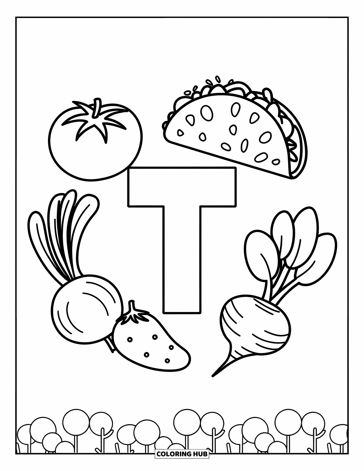 Letter T Coloring Page for Kids: T is printed on a shirt with a circle of veggies all around