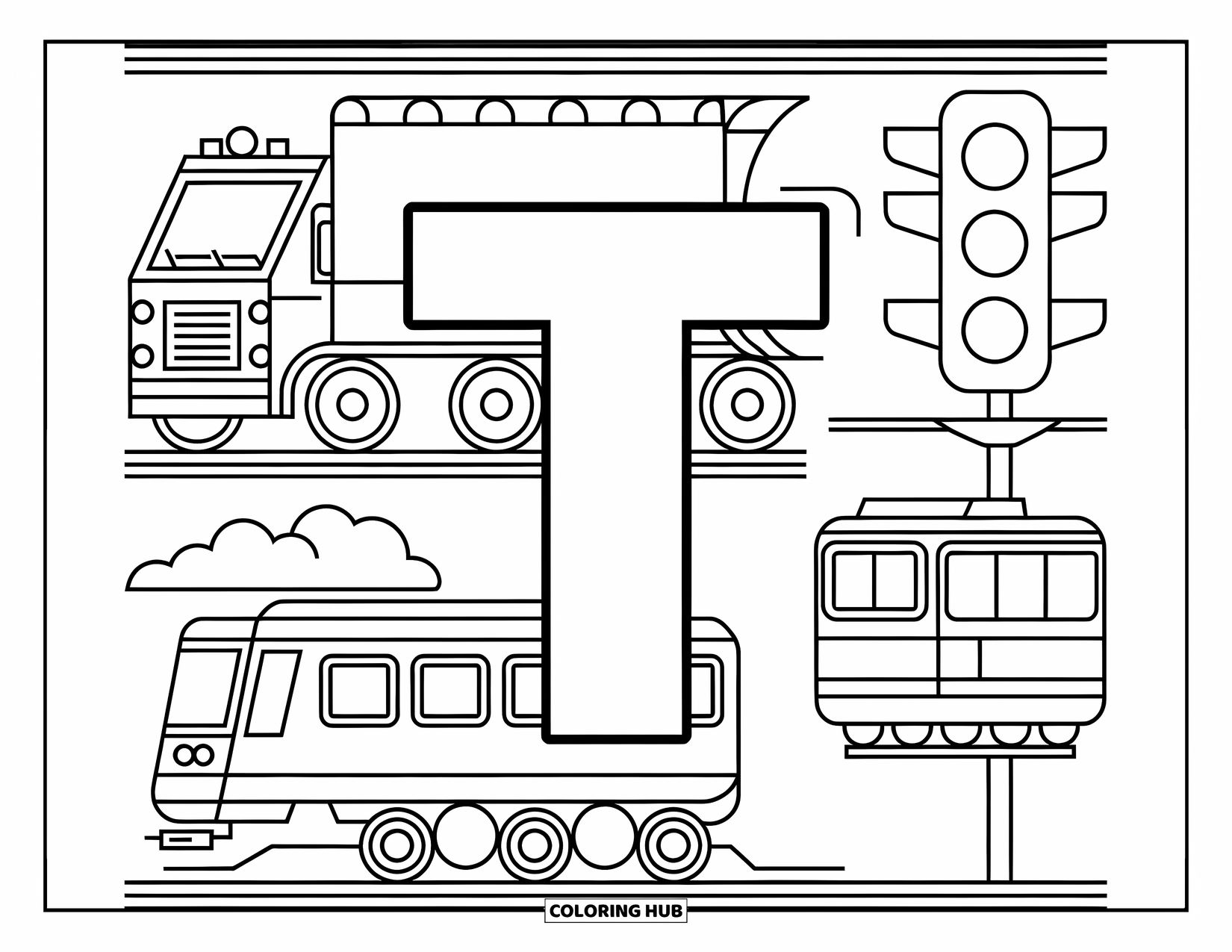 Letter T Coloring Page for Kids: T is surrounded by a fun mix of truck, train, tram, and light