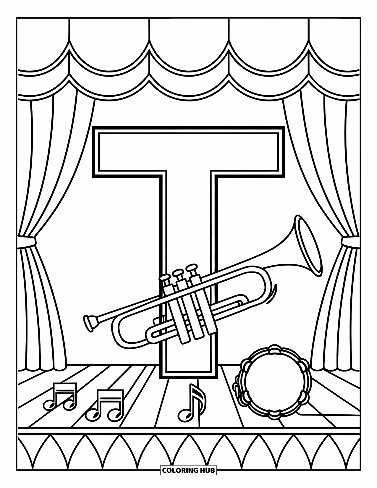 Letter T Coloring Page for Kids: T performs on a stage with music notes, trumpet, and tambourine