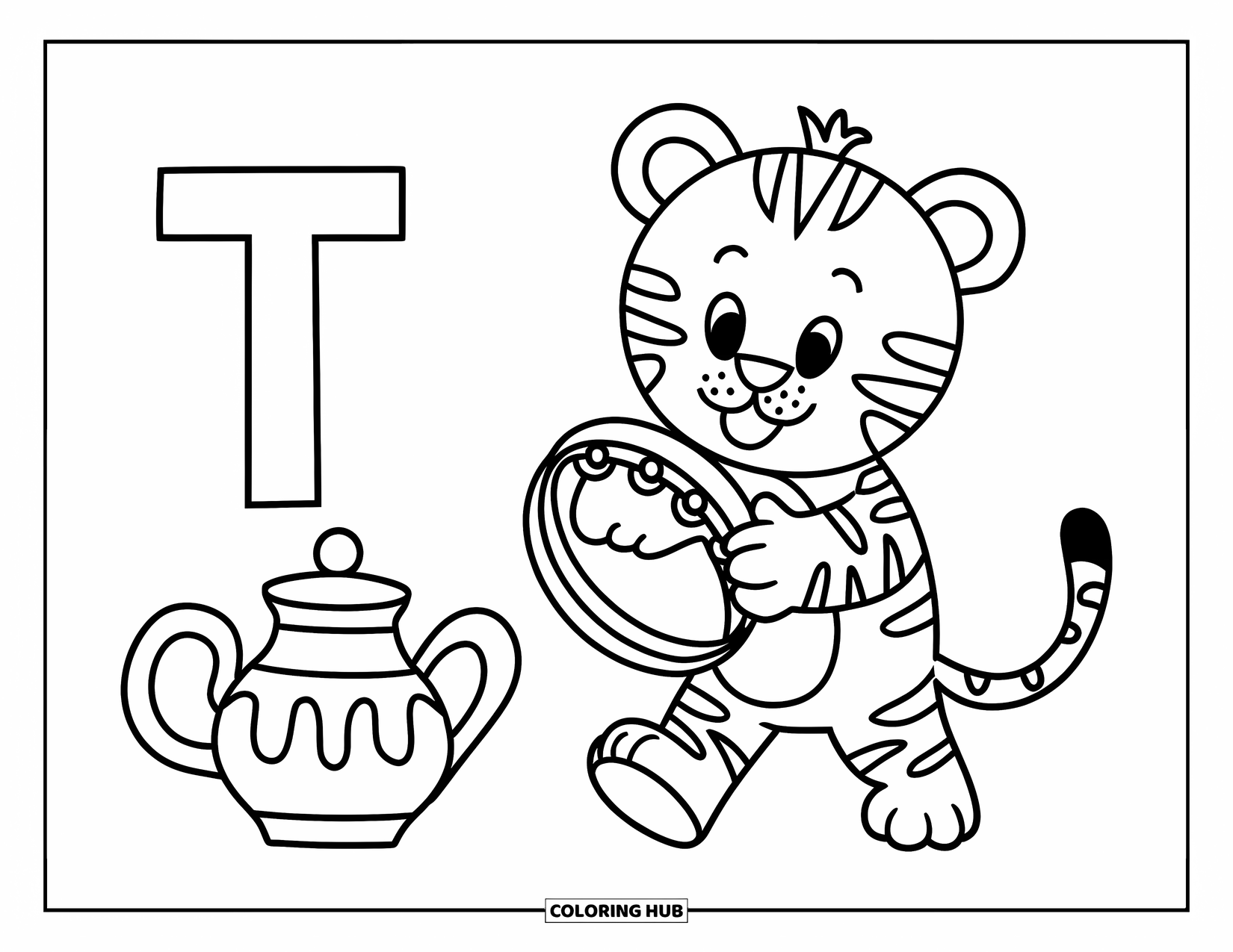 Letter T Coloring Page for Kids: T stands beside a tambourine-playing tiger and little t near a teapot