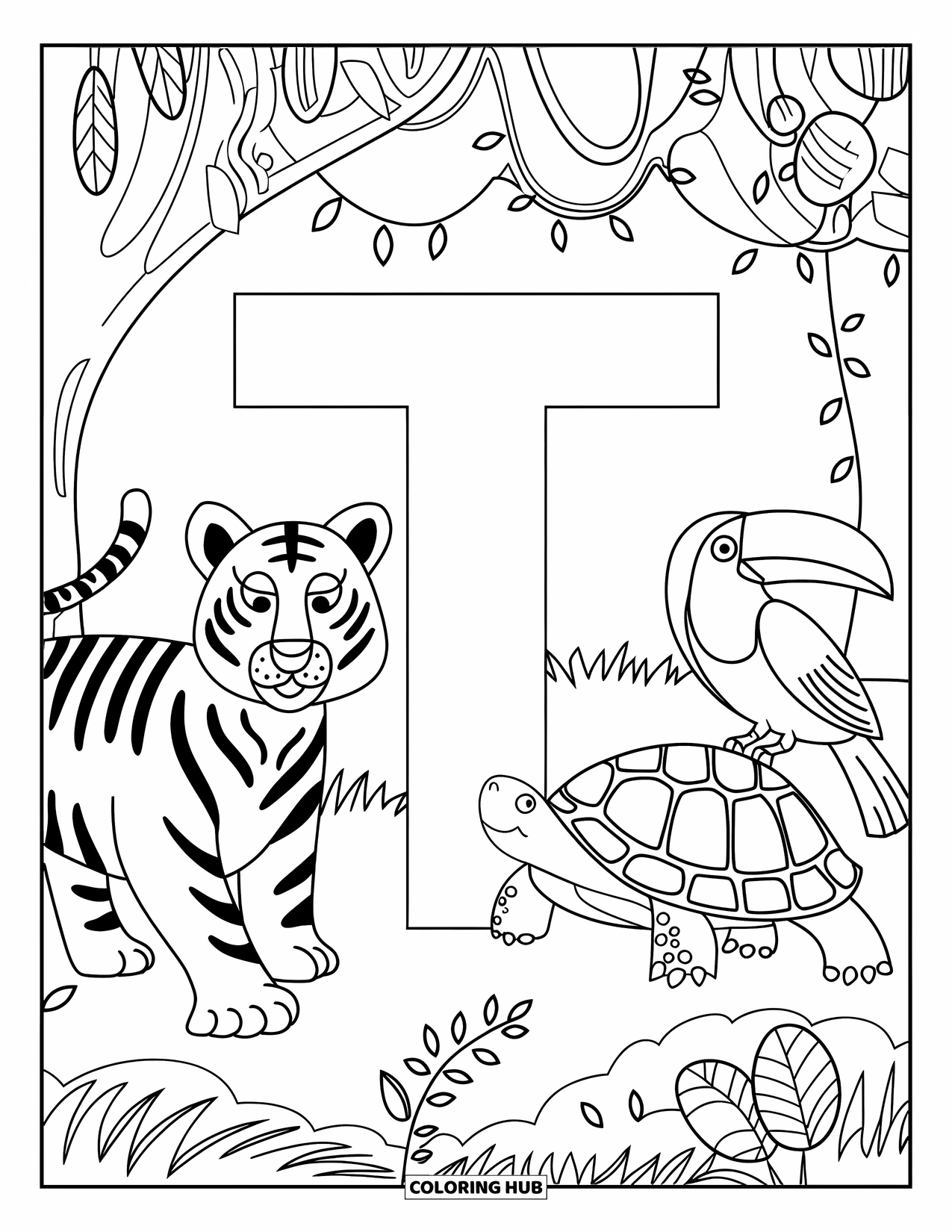 Letter T Coloring Page for Kids: T stands in a jungle with a tiger, turtle, and toucan