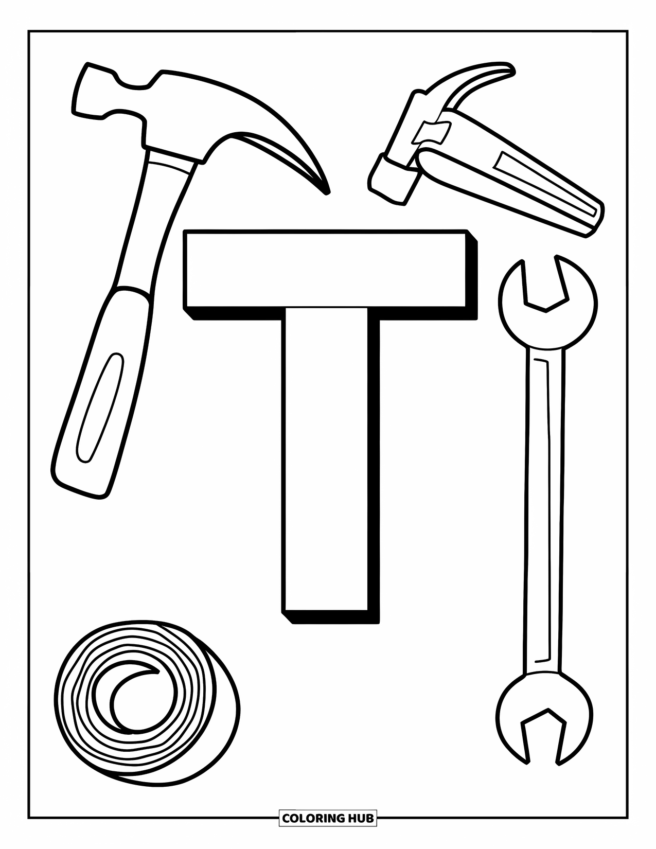 Letter T Coloring Page for Kids: T stands with a hammer, tape, and wrench from a toolbox