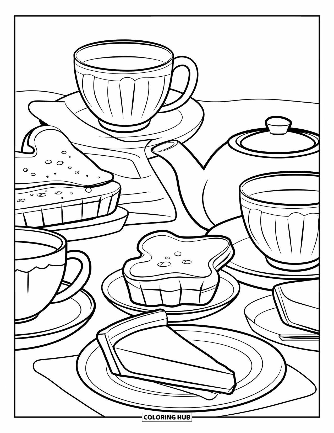 Letter T Coloring Page for Kids: Teacups, toast, and tarts make up a cozy tea time scene